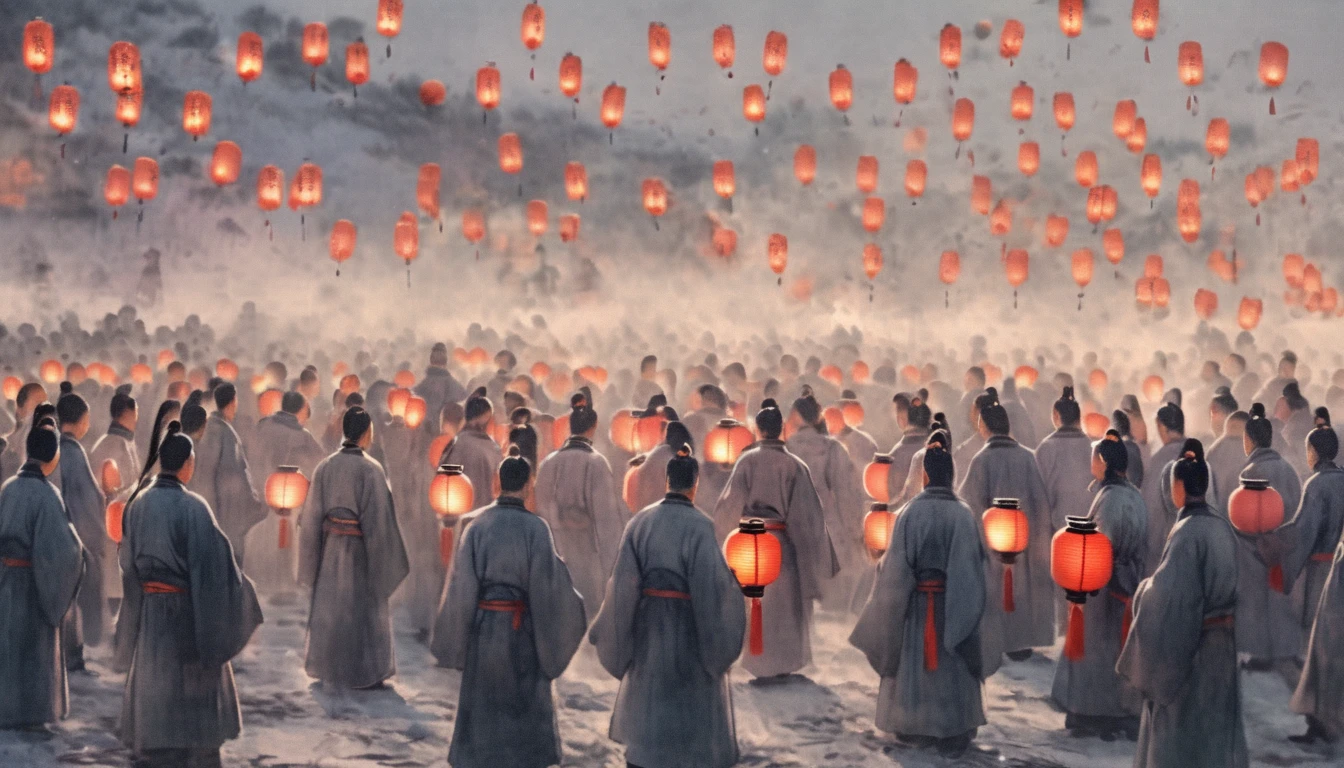 Ancient Chinese soldiers watching as Zhuge Liang releases Kongming lanterns to send messages."