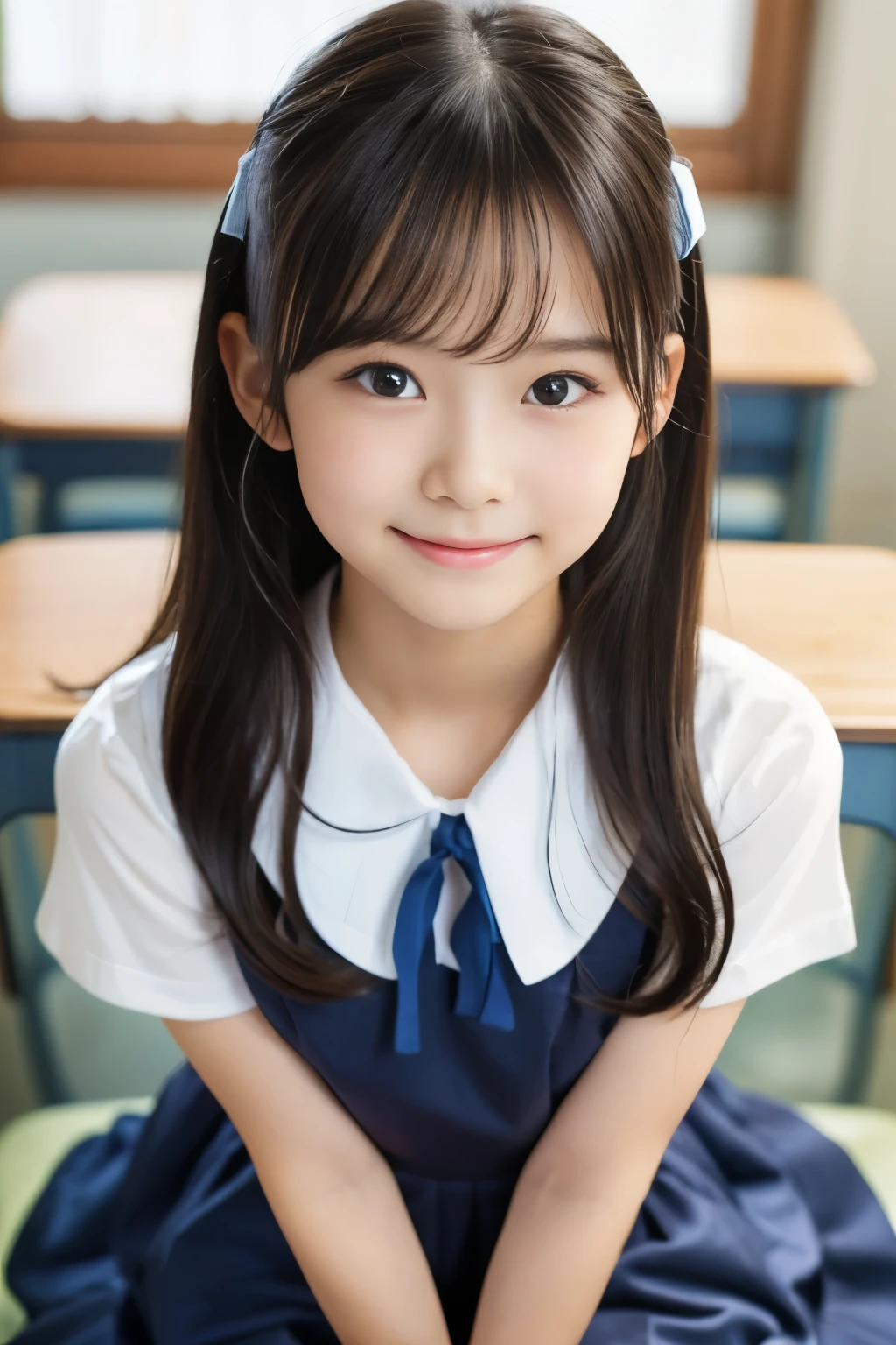 (((masterpiece))), (((Full body photo,Full-body display)))， (Beautiful Japanese Girl, Innocence，cute) ，Ultra-high resolution, Realistic, Ultra-detailed, 8k,Highest quality, Very detailed, Detailed Background,Slender,とてもBeautiful Japanese Girl, Detailed face:1.3), (Fluffy long hair,Black hair tied with a ribbon :1.4), (Baby Face，cute系,Adorable 12 year old girl), (Perfect body:1.1),，Cute Smile:、show me your beautiful teeth、非常にDetailed face、Detailed lips、Detailed eyes、 gravure idol，Clear Skin、Realistic:1.37，No makeup，Neutral lighting,(Highest quality, masterpiece), (One girl, school uniform,Navy blue dress,Neck ribbon,View your viewers, Mouth closed,),Pose to be pampered,In the classroom，Bright lighting