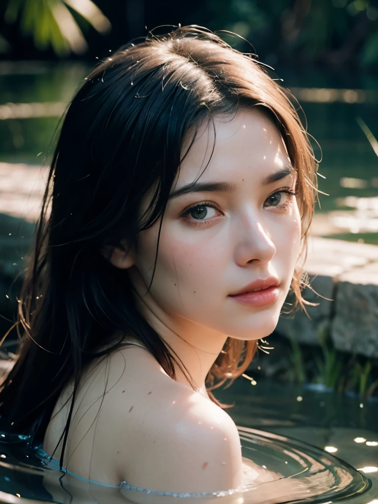 close up portrait of a cute woman (gldot) bathing in a river, reeds, (backlighting), realistic, masterpiece, highest quality, lens flare, shade, bloom, [[chromatic aberration]], by Jeremy Lipking, by Antonio J. Manzanedo, digital painting,