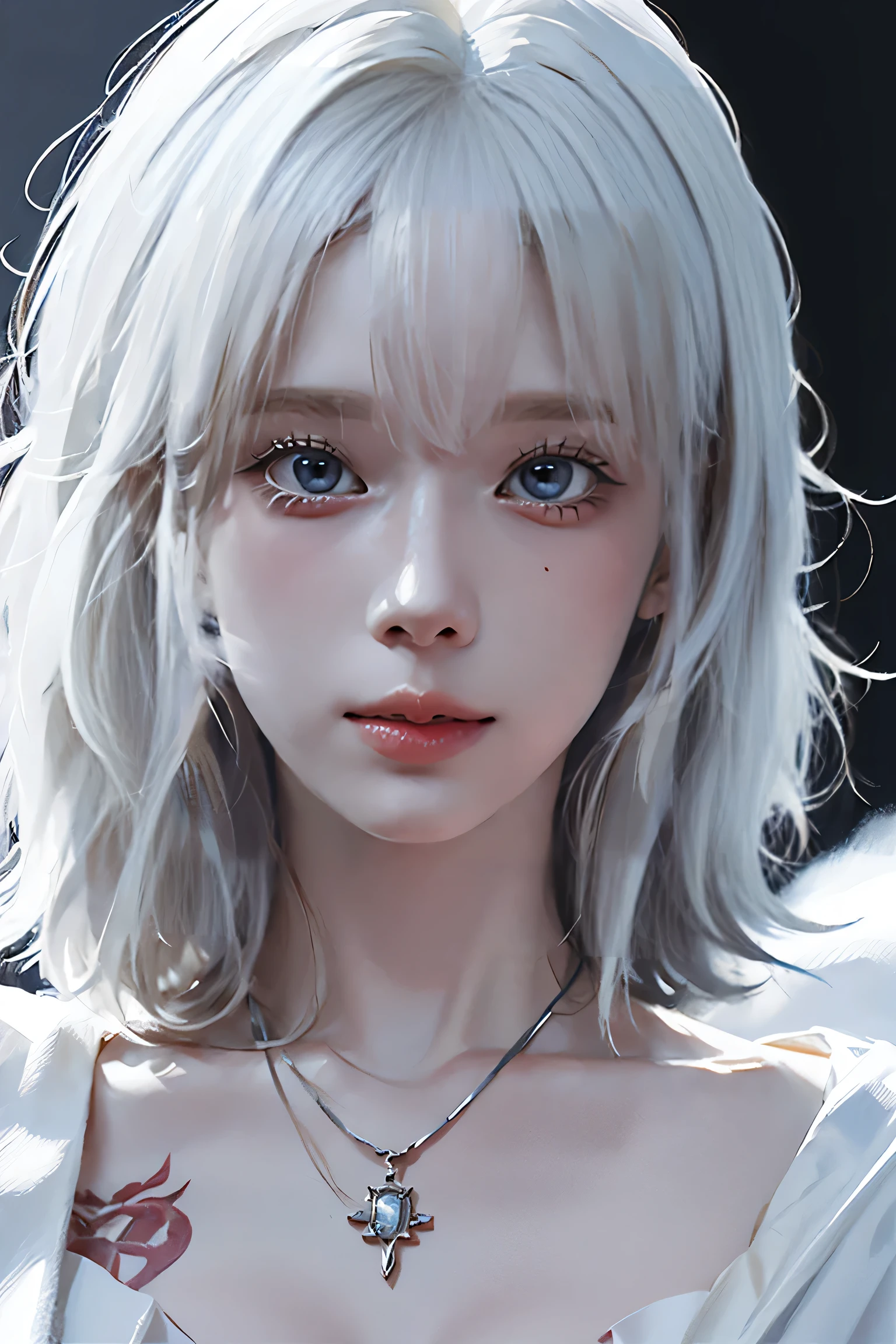 ((Close-up of a woman with tattoos on her chest)), girl, ((Short white hair with bangs, Black strands of hair)), Purple eyes, White T-shirt and white cape, Pendant around the neck. 超High resolution.Realistic. 超High resolution.Realistic:1.4,超High resolution. Realistic,High resolutionで, masterpiece, Highest quality, Very detailed, Better Shadows, Volumetric lighting), super high quality, High resolution, 8k, Ultra-Realistic Portraits , Realistic, Dynamic Lighting, Volumetric lighting, Very detailed顔,(Browsing Caution:0.8),Large Breasts