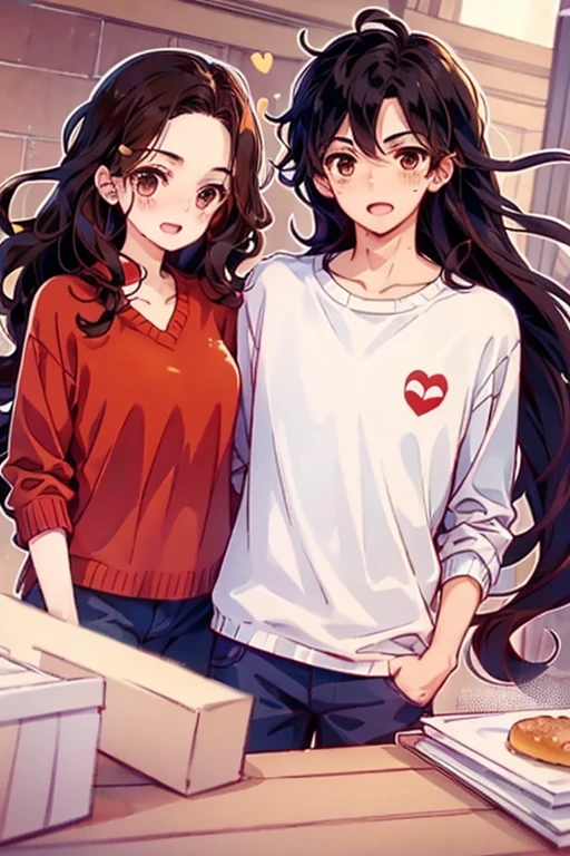 1 man: black hair, Brown eyes, 1 woman: long curly red hair, Brown eyes, the two looking at each other, background with hearts
