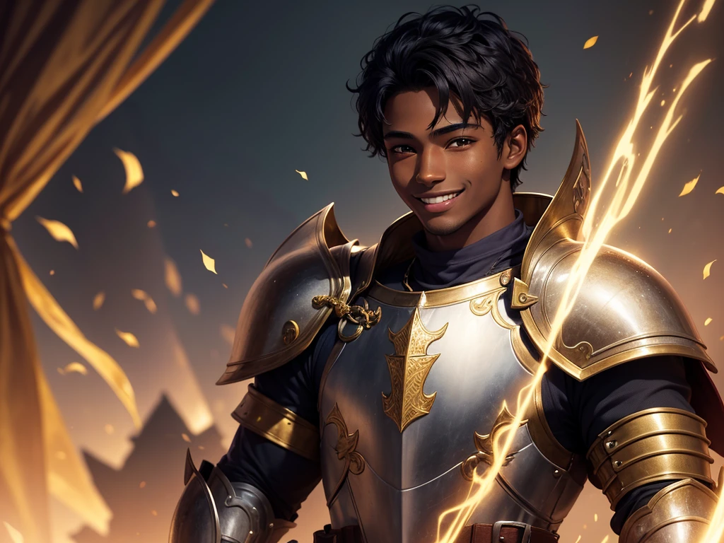 A young man appearing to be 22 years old, dark-skinned, smiling and wearing one of the golden armor of knights of the zodiac.