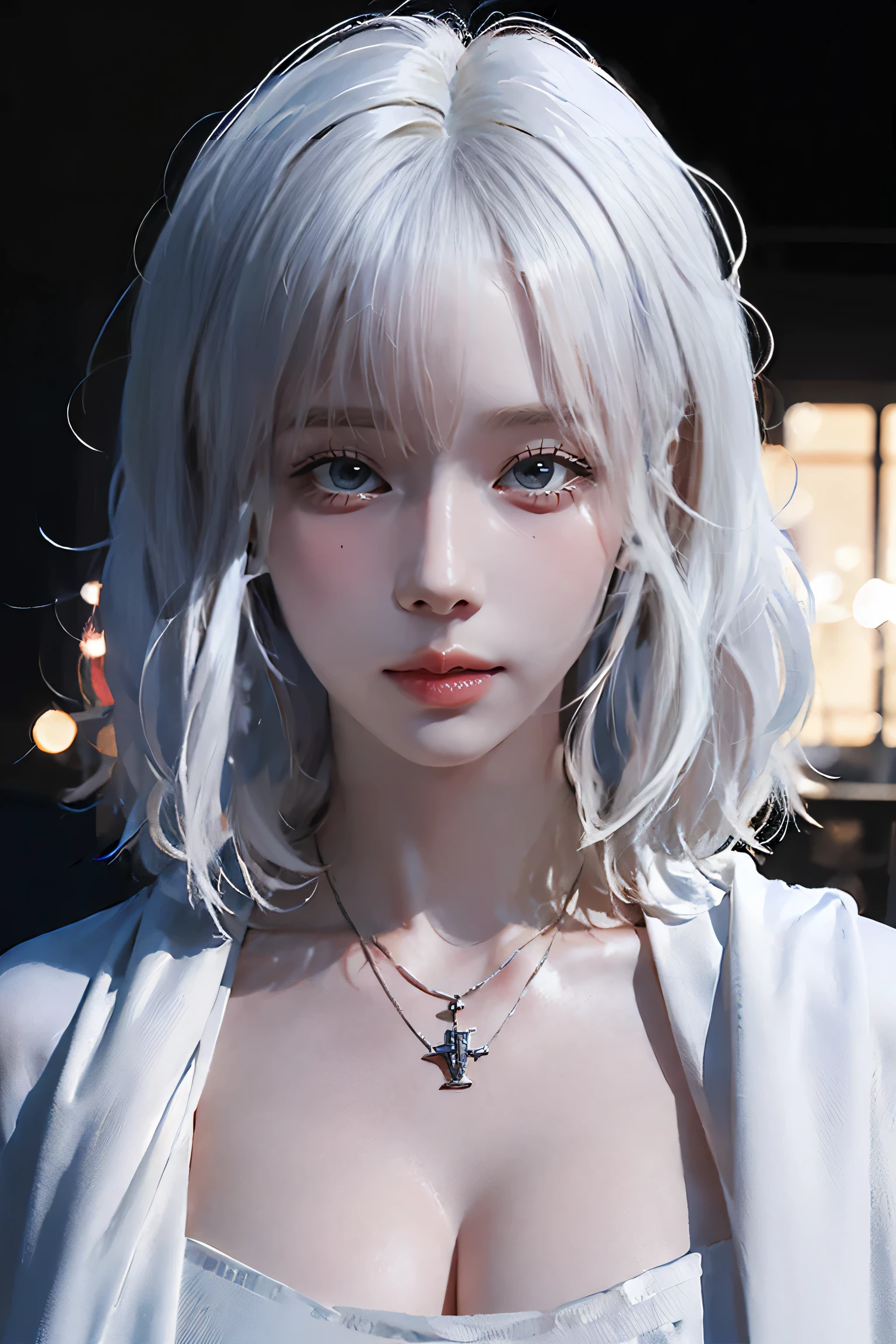 ((Close-up of a woman with tattoos on her chest)), girl, ((Short white hair with bangs, Black strands of hair)), Purple eyes, White T-shirt and white cape, Pendant around the neck. 超High resolution.Realistic. 超High resolution.Realistic:1.4,超High resolution. Realistic，High resolutionで, masterpiece, Highest quality, Very detailed, Better Shadows, Volumetric lighting), super high quality, High resolution, 8k, Ultra-Realistic Portraits , Realistic, Dynamic Lighting, Volumetric lighting, Very detailed顔,(Browsing Caution:0.8),Large Breasts