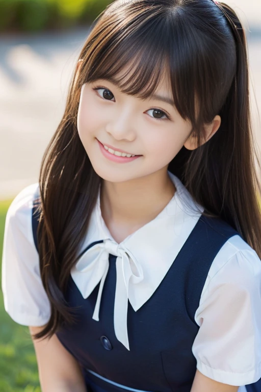 (((masterpiece))), (((Full body photo,Full-body display)))， (Beautiful Japanese Girl, Innocence，cute) ，Ultra-high resolution, Realistic, Ultra-detailed, 8k,Highest quality, Very detailed, Detailed Background,Slender,とてもBeautiful Japanese Girl, Detailed face:1.3), (Fluffy long hair,Black hair tied with a ribbon :1.4), (Baby Face，cute系,Adorable 12 year old girl), (Perfect body:1.1),，Cute Smile:、show me your beautiful teeth、非常にDetailed face、Detailed lips、Detailed eyes、 gravure idol，Clear Skin、Realistic:1.37，No makeup，Neutral lighting,(Highest quality, masterpiece), (One girl, school uniform,Navy blue dress,Neck ribbon,View your viewers, Mouth closed,),Pose to be pampered,In the classroom，Bright lighting