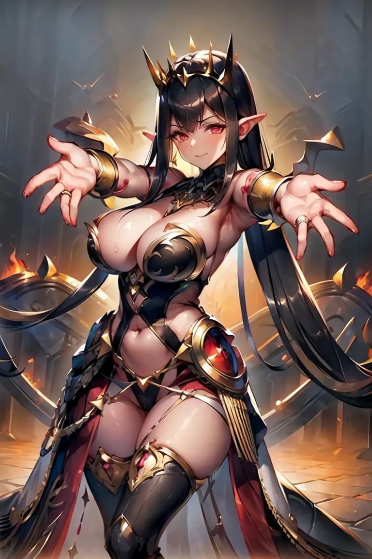 ((((((outstretched hands, out stretched fingers, outstretched arms)))))) black hair, bare shoulder, red eyes, very long hair, cleavage, large breasts, dress, showgirl skirt, high-leg, cleavage cutout, tiara, bare thighs, gauntlets, bare shoulder, bare nails, bare fingers, bare hands, good hands, best hands, Correctly aligned fingers, extremely detailed hands and fingers, ultra detailed hands and fingers, super detailed hands and fingers, perfect female hands and fingers, biologically accurate hands and fingers, (((4 fingers and 1 thumb accurate hands and fingers))), beautiful hands and fingers, hands and fingers drawing, human hand and fingers, perfect arrangement of fingers, detail focus hands, detail focus fingers, perfection hands, better hands, adult face, fearless face, (((both arms, two arms, both hands, two hands))), super fine illustration, masterpiece, masterwork, by famous artist, official art, ultra high res, best quality, high quality, Hand, detailed, perfect, perfection , hands, both hands is Thumb and index finger and middle finger and ring finger and little finger, even hands, panties, thighhighs, symmetrical bangs, gleaming skin, oil skin, shiny skin, wet skin, sweat, rouge, exquisite, beautiful, extremely detailed cg unity 8k wall paper, perfect face, ultra detailed beautiful face, perfect nose, perfect mouth, clear eyes, light eyes, perfect eyes, symmetrical eyes, even eyes, 16k portrait, absurdres, perfect body, perfect anatomy, perfect proportion, perfect arms, perfect torso, symmetrical hands, symmetrical arms, open arms for viewer, extremely detailed cg, beautiful artwork, production art, ultra quality, high quality, finely detailed, insanely detailed, absolutely resolution, raw photo, fantastic, amazing, beautiful portrait of cute anime girls, hdr, very aesthetic, cinematic, super detailed skin, top quality, intricate, professional quality, highly detailed, crisp quality, sharp focus, rich contrast, extremely high resolution, realistic hands,