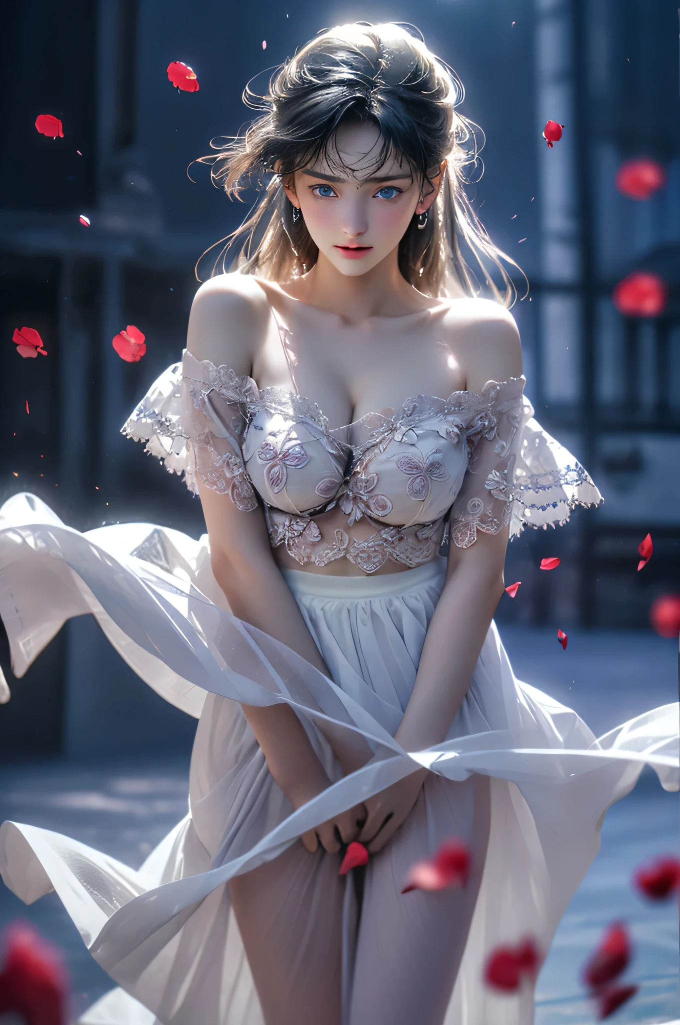 (Girl in a semi-transparent one-shoulder white miniskirt dress), (photo realistic:1.4), (hyper realistic:1.4), (realistic:1.3), (smoother lighting:1.05), (increase cinematic lighting quality:0.9),. 32K, 1girl,20yo girl, realistic lighting, backlight, light on face, ray trace, (brightening light:1. 2), (increase image quality:1.4), (highest quality realistic textured skin:1. 4),(Big Blue Eyes)、Detailed drawn eyes、Detailed painted face、Fine textured eyes、(tired、sleepy、satisfaction:0.0)、A shirt that shows off a lot of cleavage、(Accentuates the body line:1.1)、(Beautiful textured skin:1.1)、(Red petals are flying)、(Black lace panties are visible)、Slim long legs、