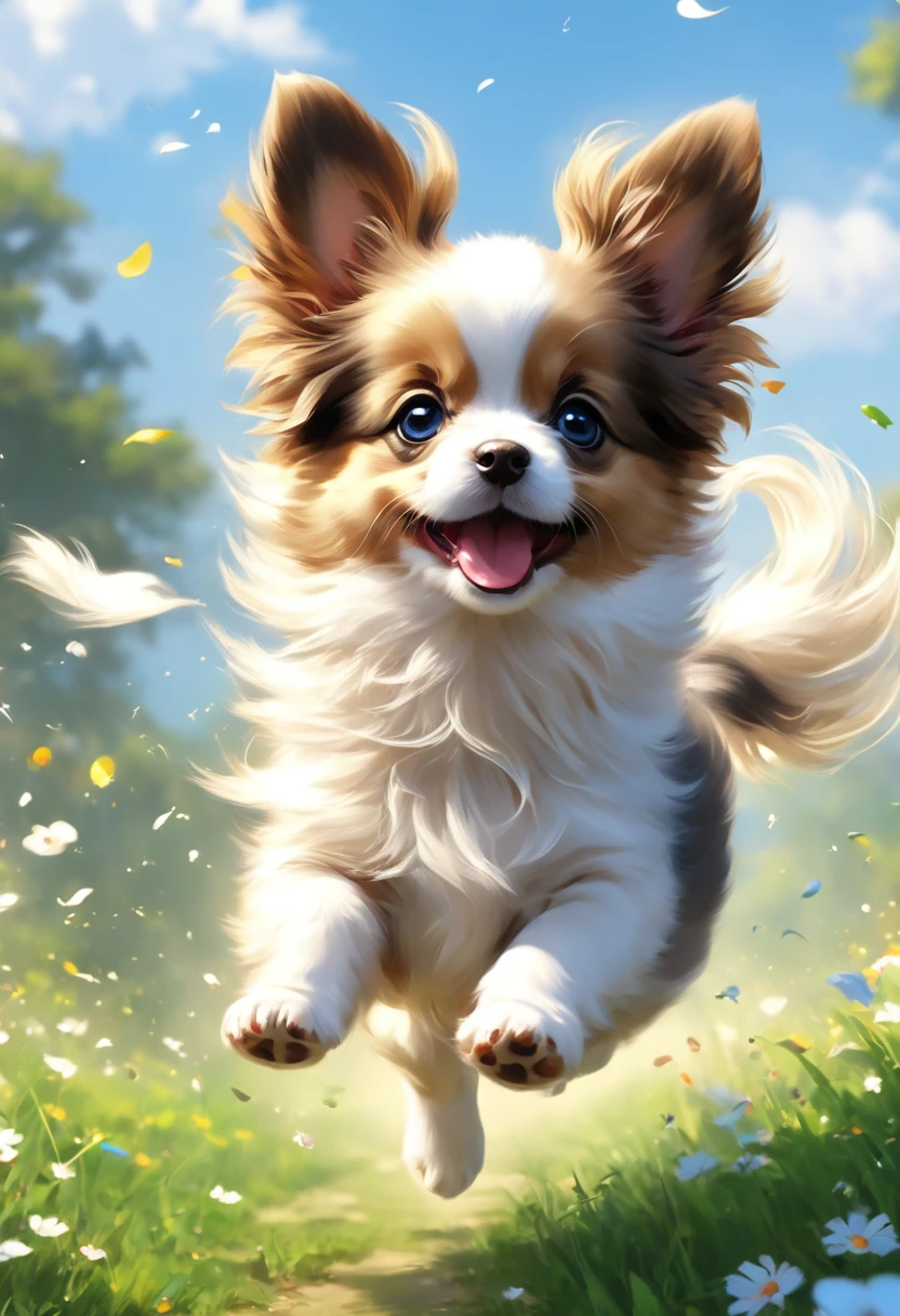 (Puppy jumping to catch a frisbee:1.2)、1 puppy、Papillon puppy、Dynamic composition、4k anime art、(Highest quality、High resolution、masterpiece)、