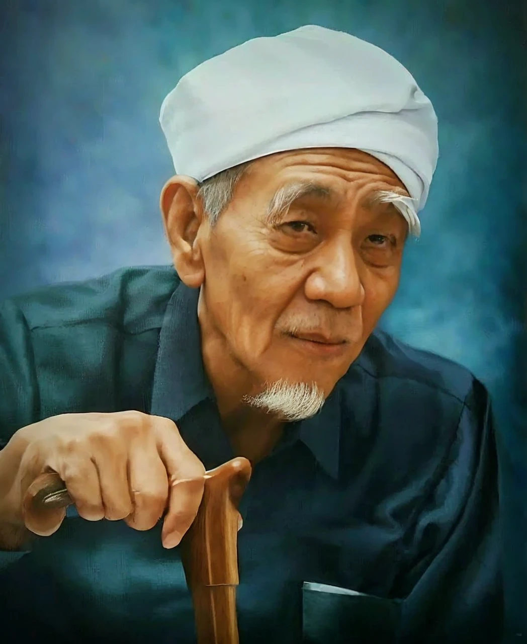 Indonesian Muslim man, aged 50 years or over, brown skin with wrinkles, wearing a white turban, big green shirt, holding a wooden stick, thick white gray eyebrows, natural white mustache and beard, sharp nose, naturally bright supit eyes. HD quality realistic images.
