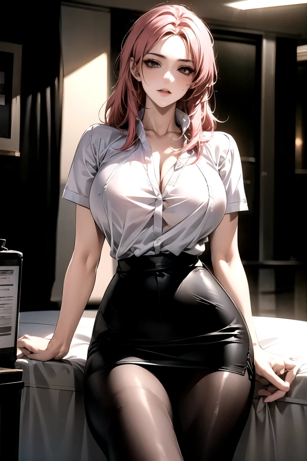 ((best quality)), ((Masterpiece)), (details:1.4), 3d,, HDR (high dynamic range), mature woman, เหมือนจริง, Curtain Bangs, Red hair, Red eyes, PBR surface, After processing, Anisotropic filtration,depth of field, Maximum clarity and clarity, multi-layered surface, perfect proportions, 8K raw files, at night, ผมหลายชั้น, Short skirt, black skirt, black stockings, Secretarial Uniform, Beautiful Soldier,