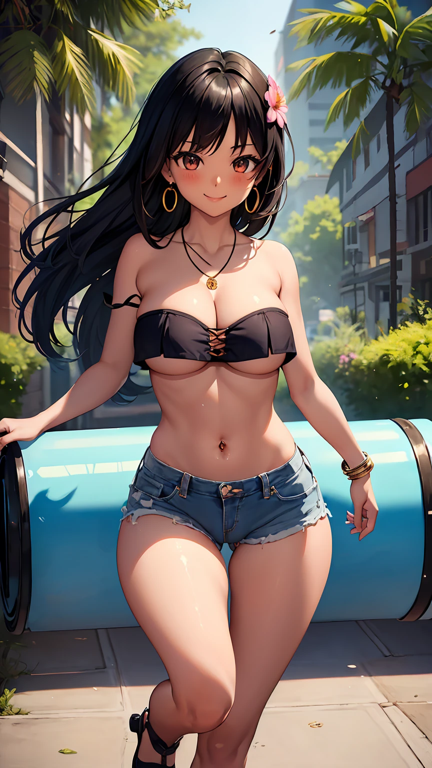 1girl, anime girl, anime, (dark skin), bracelet, necklace, earrings, 2d girl, 18y, (fullbody), anime girl, seductive smile, (black hair), flowing hair, hair flowing in the wind, ((white,tube top,strapless)), ((underboob view)), cleavage, Solo, Slim, Big Breasts, Tight Shorts, low waist shorts, upshorts, outdoors, night background, flowers, looking at viewer, darker shadows, (((Wedgie))), (((explicit))), (((black shorts, (((black jean shorts))), shorts color is black))), (((absurdres))), (((thigh gap))), NSFW, (((cameltoe))), (((lowleg shorts))), (((sexy))), (((sensual))), (((Detailed description vagina))), (((Tube Top))), (((Strapless)))