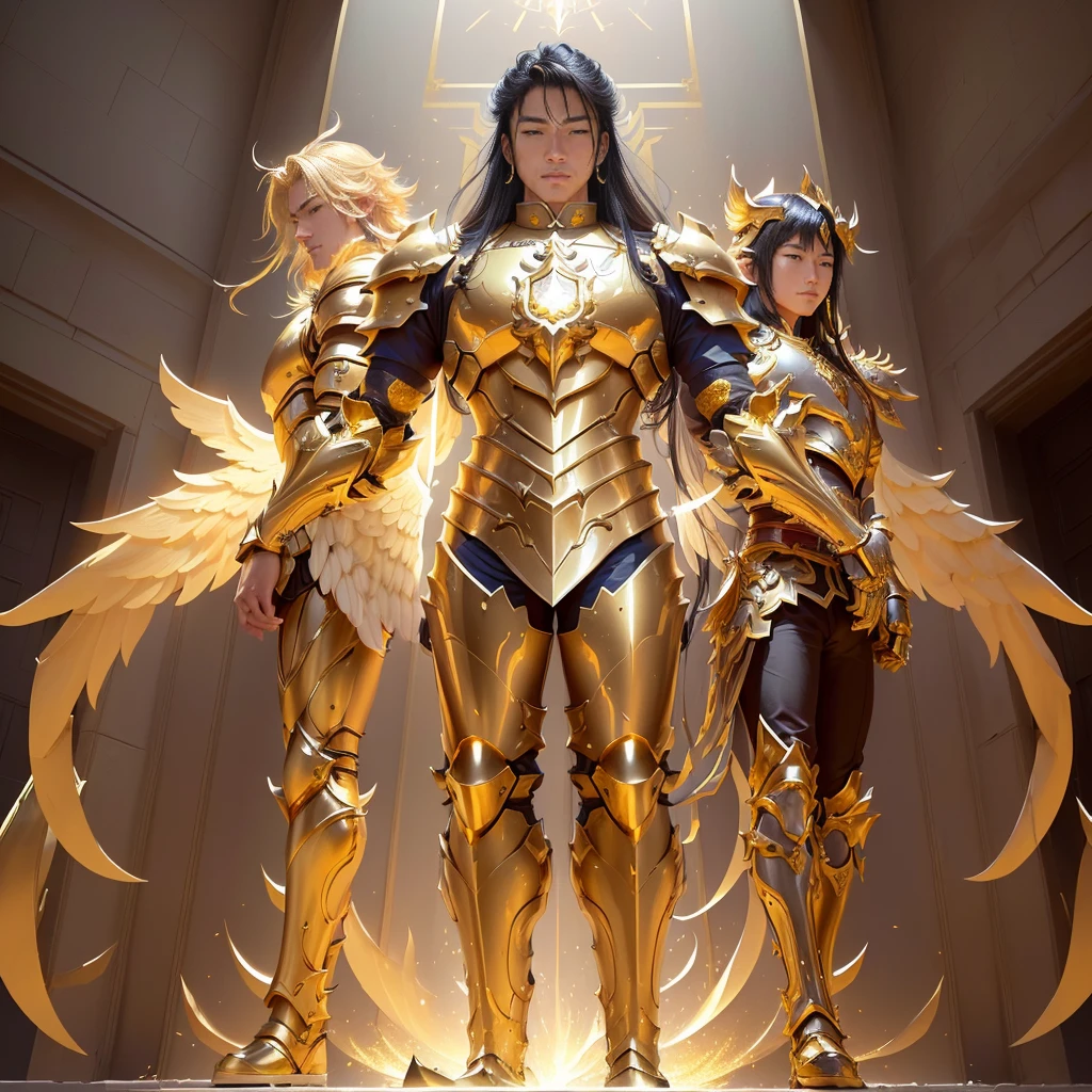 arafed image of a man in a Gold Armor standing in front of a building, angelic Gold Armor, Gold Paladin, Ross Tran 和 Bayard Wu, Firecaller Armor, Gold Armor, paladin Gold Armor, Gold Armor, Gold Armor wearing, wearing Gold Armor, Inspired by Li Gonglin, Gold Armor Set, wearing Gold Armor