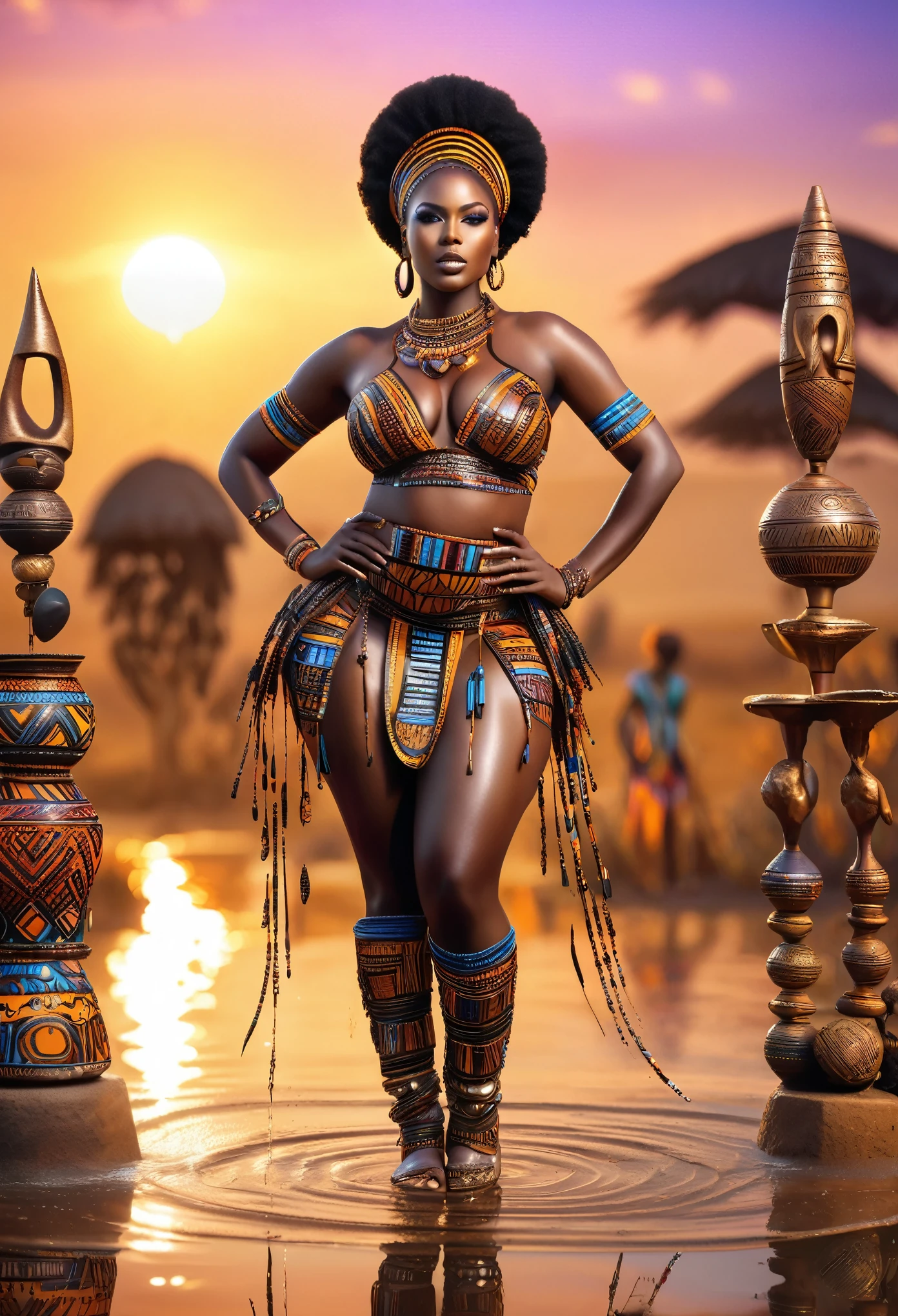 A beautiful curvy black woman dressed in african design clothes and beads standing on a wet surface ground,  with african designed sculptures in the background with a sunset, African designed instruments in the scene, with iridescent light, highly detailed images, vibrant beautiful colours, photorealistic image, 32k, ultra HD, unreal engine rendered, cinematic lighting, artgerm style,