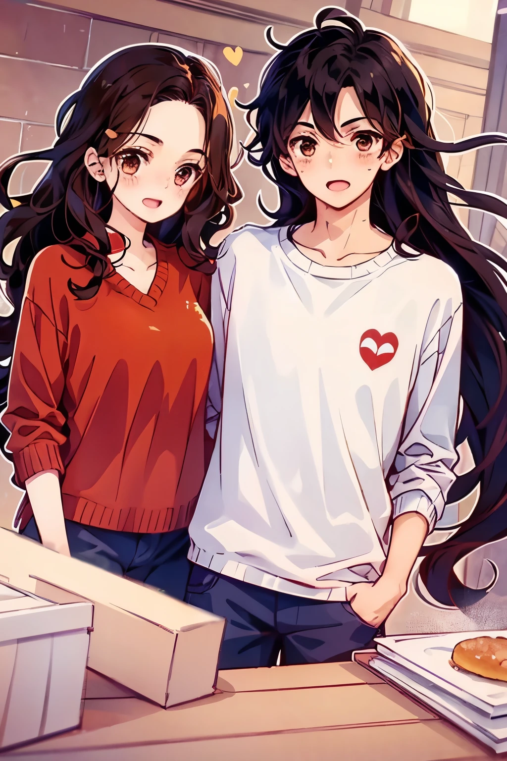 1 man: black hair, Brown eyes, 1 woman: long curly red hair, Brown eyes, the two looking at each other, background with hearts