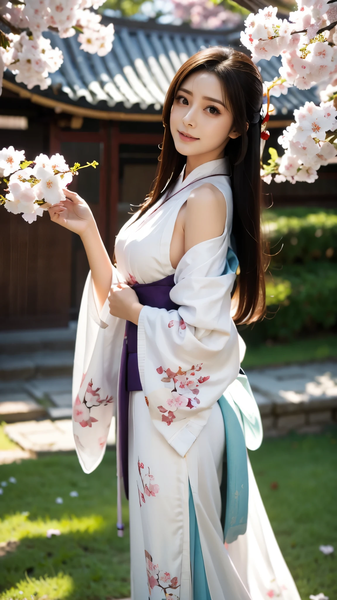 ((photorealistic:1.3)),((ultra detailed)),((sharp:1.5)),1girl, solo, cherry blossom, hanami, white flower, white flower, spring season, wisteria, petals, flower, plum blossoms, outdoors, falling petals, black eyes, from left side, white kimono, purple hairsumi,(hanfu), starlight hair,hair down,full body,((traditional chinese fan in the hand)),((left shoulder)),
,(Eyes that feel erotic), (A taste of beautiful eroticism)