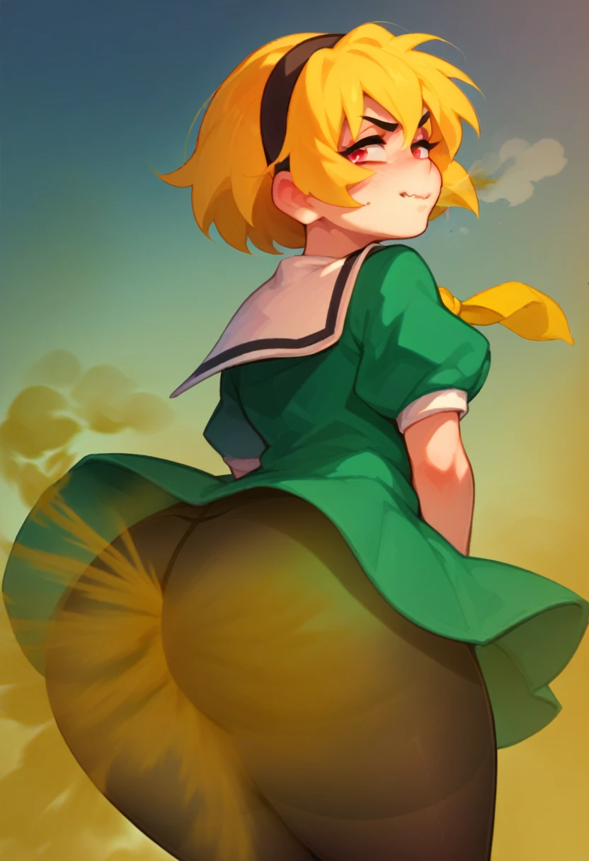 SatokoSchool, blonde hair, red eyes, hairband, sailor collar, yellow necktie, green dress, black pantyhose, fart, farting, yellow_smoke, butt, up skirt, fart coming from butt,