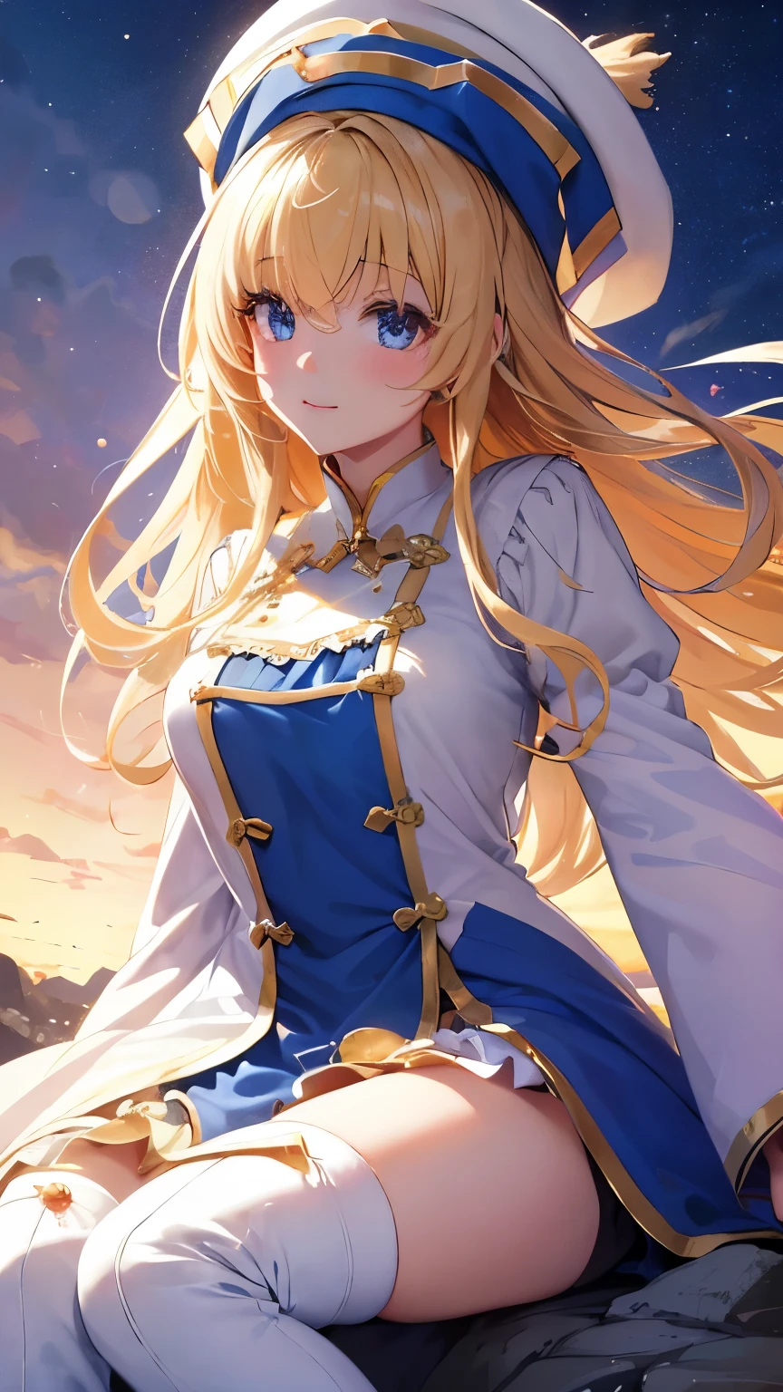 Highest quality、Best image quality、In 8K,4K,masterpiece、Very detailed、beautiful、super high quality、Nice,Game CG,beautiful***,Five Fingers,(Upper Body:1.3),Shrine maiden, Blonde, blue eyes, Long Hair, Hair between the eyes,Grab the magic wand,smile,Knee-high boots, dress, Frills袖, Frills, have, White Hat, Pelvic Curtain, High heels, Robe, Thigh-high boots, White thighs, Long sleeve, Puff sleeves,Hair blowing in the wind、Starry Sky,Mysterious Space,(sitting on big rocks),Hold my hand tightly,Light powder