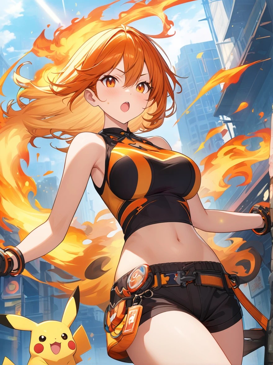 masterpiece, game CG, poster, highest resolution, official illustration, three-dimensional coloring, detailed Coloring, detailed description, artistic beauty, (1girl:1.2),(solo:1.2),facial features sharp Face,large_breasts,
### Character Design: Combination of Pikachu (ピカチュウ) and Charmander (ヒトカゲ) Inspired Anthropomorphic Female Character
#### Physical Features
- **Hair**: Short and spiky with a playful, fiery look. The hair is a bright yellow with orange tips, blending Pikachu’s vibrant color with Charmander’s fiery essence. It has a dynamic, almost electric feel.
- **Eyes**: Large and expressive with a warm amber color. The eyes have a mischievous and energetic expression, combining Pikachu’s playful charm with Charmander’s fiery determination.
- **Skin**: Smooth and warm, with a gradient from yellow to orange. The skin has a subtle, fiery glow reminiscent of Charmander’s flame and Pikachu’s electric energy.
- **Figure**: Slim and athletic with a slightly curvaceous build, emphasizing Pikachu’s agility and Charmander’s fiery, dynamic traits. The character has a lively and energetic presence.
#### Outfit
- **Top**: A fitted, sleeveless top in bright yellow with fiery orange accents. The top features a high, rounded neckline and a subtle flame pattern that captures Charmander’s fiery nature and Pikachu’s vibrant energy.
- **Bottoms**: High-waisted shorts in matching yellow with orange flames along the hem. The shorts are designed to be dynamic and playful, with a design that mimics the flickering of flames and complements the character’s energetic appearance.