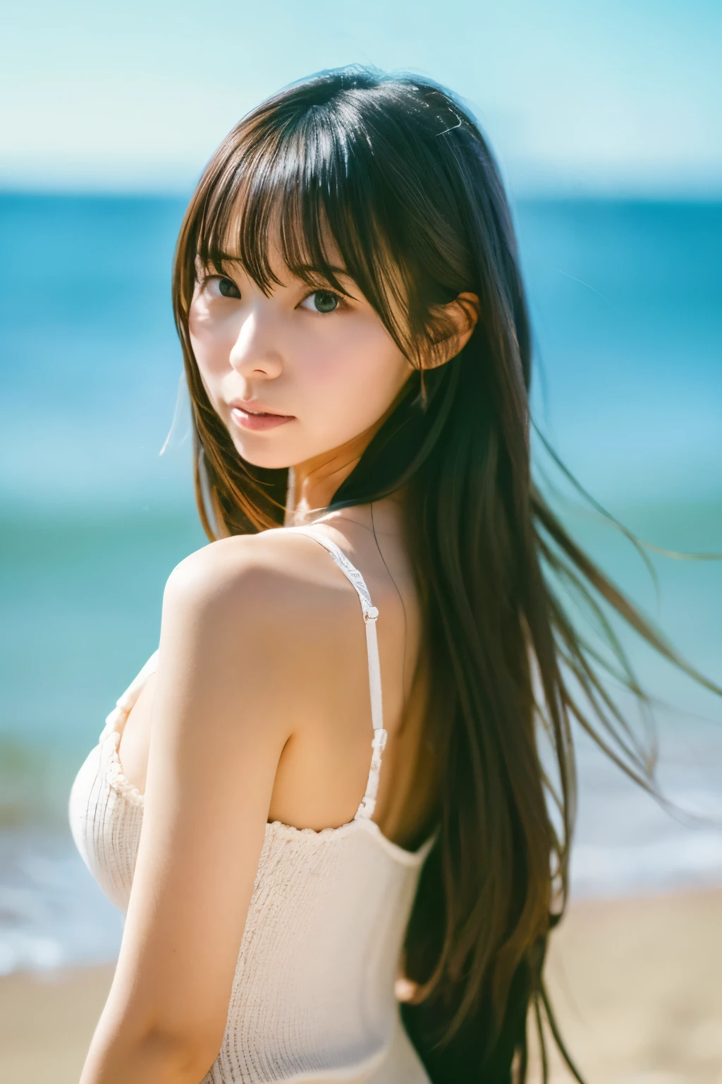 8k, highest quality, masterpiece, super high resolution, (realistic:1.4), RAW Photos, (Film Grain:1.3), One Girl, portrait of a skinny Japanese woman, 30 years old, standing on the beach, a cute face, detailed face, detailed eyes, {short|long} hair, correct body anatomy, photogravure