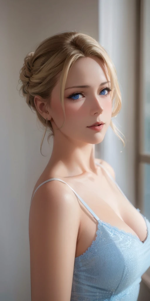 Elegant mature woman, milf, blue eyes, blonde hair, soft light, high detailed, 4k resolution, high quality, beautiful cg, anime style