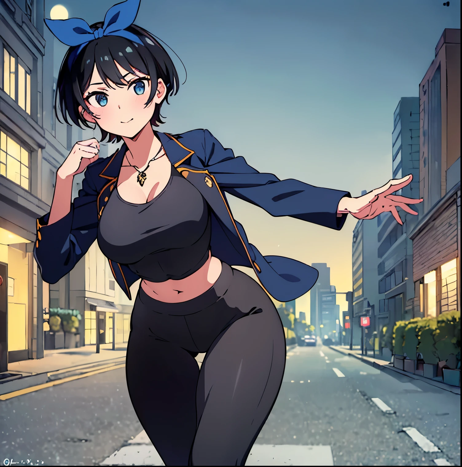 ((1girl)),((alone)),Ruka Sarahina,(masterpiece), (best quality), (ultra detailed), (best illustration), (best shadow), (absurdities), sharp focus, cowboy shot , atmospheric perspective, depth of field, dynamic posture looking at the viewer, large breasts, narrow waist, wide hips, wide thighs, round butt, erotic, romantic, (very detailed eyes, lips 1.1), very detailed eyes, eyes, very face detailed, very beautiful face, full height, beautiful slender figure, femininity, expressive appearance, big elastic breasts, sexuality, jewelry, a necklace, blue bow, a dark-haired woman, short hair, black hair, blue eyes, curves, body defined,sleeveless,((dark short blue jacket)),((open jacket)),exposed waist,navel,((black sports bra)),neckline,clavicle,((black yoga pants)),slit between thighs, thick thighs, black pants, perfect and beautiful body, perfect and beautiful, closed mouth, smile, happy smile, blushing, (sexy pose: 1.2), ((solo)), standing: 1.3,(( outside in streets : 1.5, city view: 1.5, streets: 1.5, city lights: 1.5, moon: 1.3, night: 1.4, metropolis: 1.4), looking forward, ((focus on breasts)), point of view :(from below), perfect anatomy, perfect hands