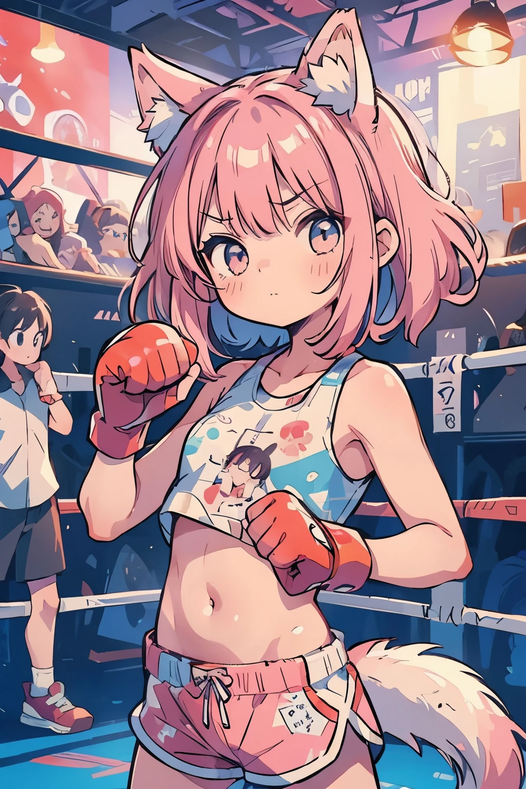 (boxing:1.3)、Teenage Girls、Young、child、belly button、stomach、cool、Shorts、Serious expression、strong、(Closed Mouth:1.1)、Pink Hair、Animal Ears、Tail of the beast