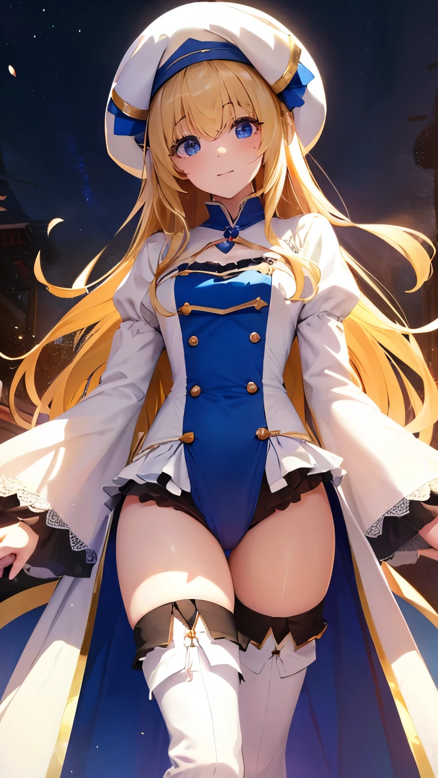 Browsing Caution,Highest quality、Best image quality、In 8K,4K,masterpiece、Very detailed、beautiful、super high quality、Nice,Game CG,beautiful少女,Five Fingers,Cowboy Shot,Shrine maiden, blonde, blue eyes, Long Hair, Hair between the eyes,Grab the magic wand,smile,Knee-high boots, dress, Frills袖, Frills, have, White Hat, Pelvic Curtain, High heels, Robe, Thigh-high boots, Thighs Thighs Thighs Thighs, White knee-high, Long sleeve, Puff sleeves,Straddle,Focus on the crotch,Showing panties