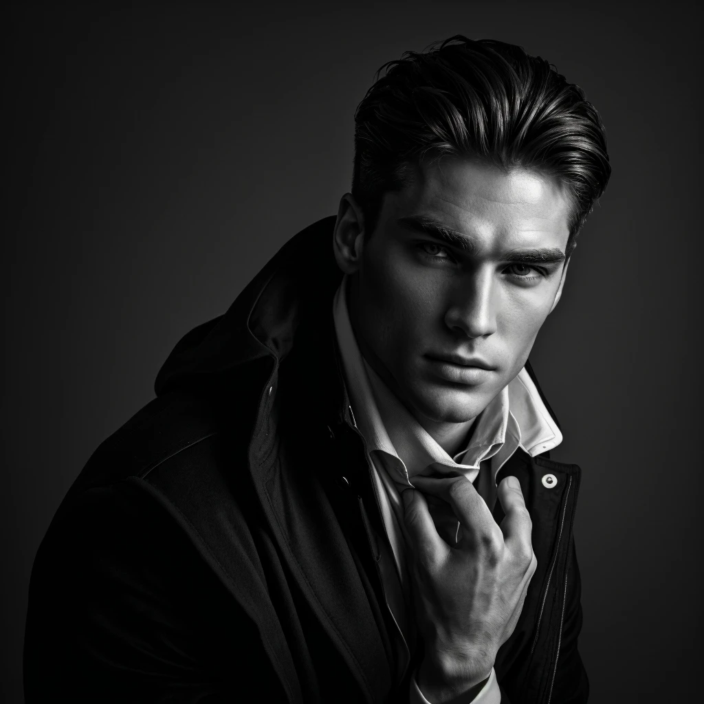 masterpiece, Best quality, high quality, чрезвычайно подробный CG unit 8k wallpaper, Black and white photo, noir, close-up of a man in a coat, looking into the distance, I look in his direction, handsome, doing the Bateman look, really beautiful face!!, slightly defined jawline, Very cute, Extremely beautiful, ridiculously handsome, Masculine and handsome, Handsome and attractive, clearly defined jawline, Black and white photo, noir,