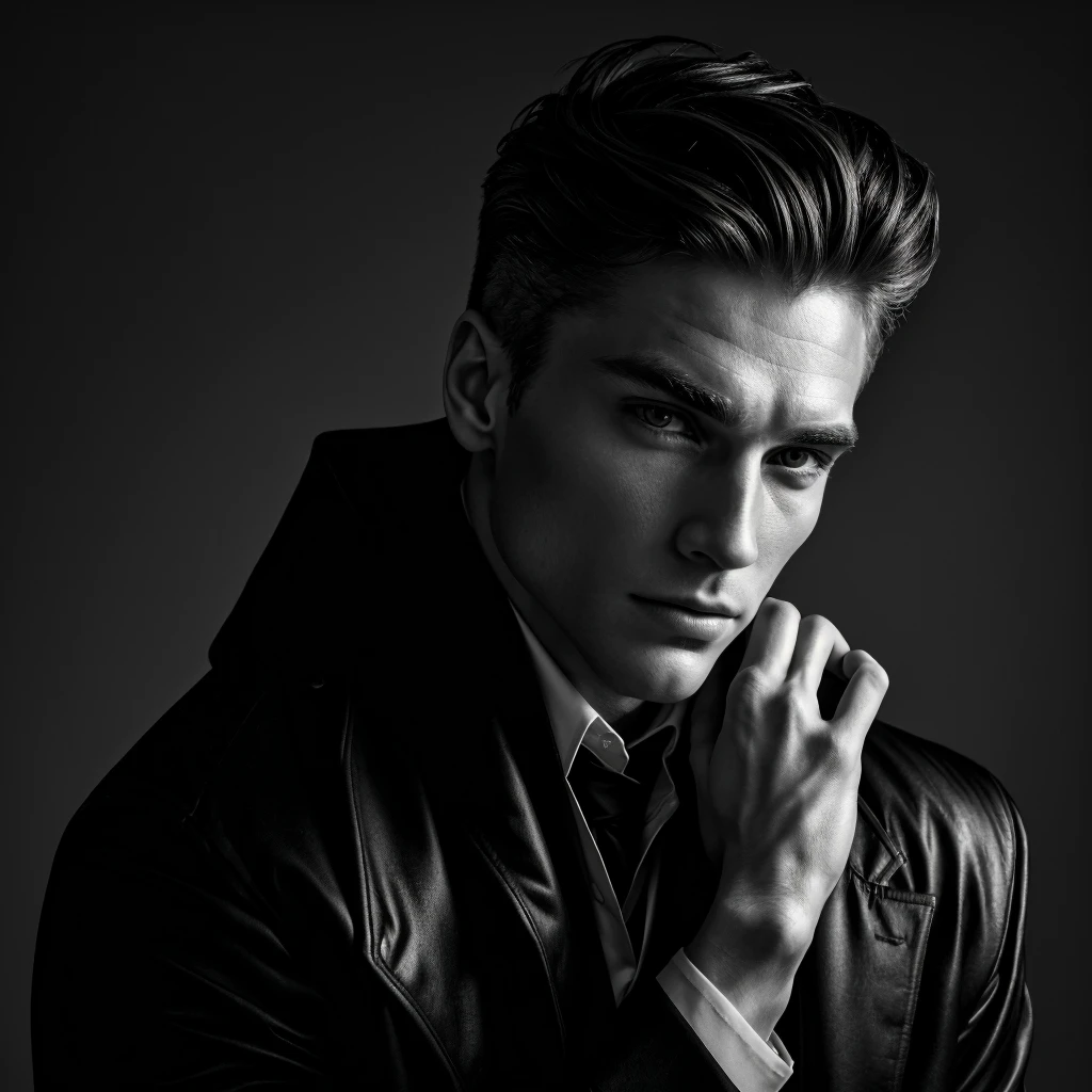 masterpiece, Best quality, high quality, чрезвычайно подробный CG unit 8k wallpaper, Black and white photo, noir, close-up of a man in a coat, looking into the distance, I look in his direction, handsome, doing the Bateman look, really beautiful face!!, slightly defined jawline, Very cute, Extremely beautiful, ridiculously handsome, Masculine and handsome, Handsome and attractive, clearly defined jawline, Black and white photo, noir,
