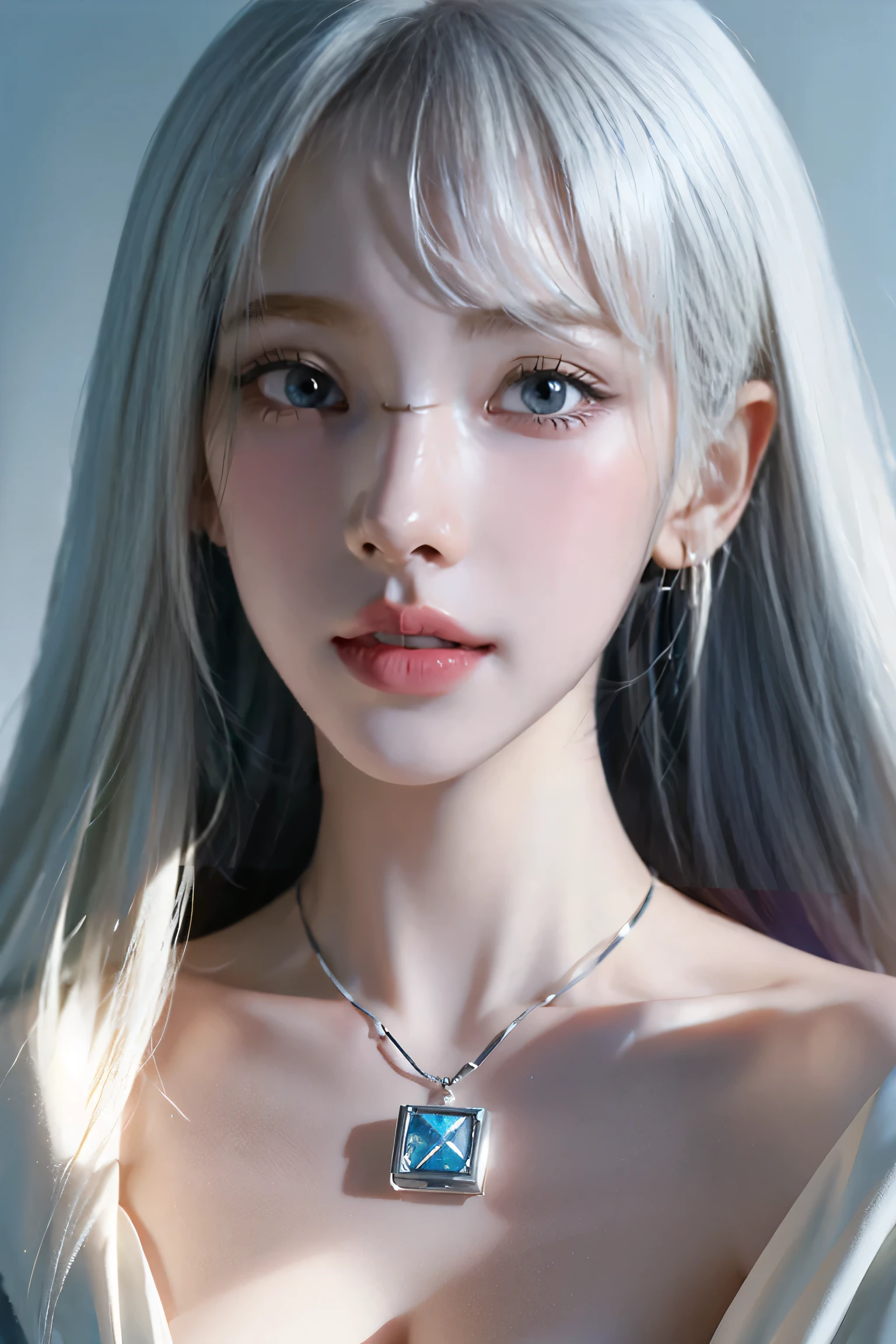 ((Close-up of a woman with tattoos on her chest)), girl, ((Short white hair with bangs, Black strands of hair)), Purple eyes, White T-shirt and white cape, Pendant around the neck. 超High resolution.Realistic. 超High resolution.Realistic:1.4,超High resolution. Realistic,High resolutionで, masterpiece, Highest quality, Very detailed, Better Shadows, Volumetric lighting), super high quality, High resolution, 8k, Ultra-Realistic Portraits , Realistic, Dynamic Lighting, Volumetric lighting, Very detailed顔,(NSFW:0.8),Large Breasts