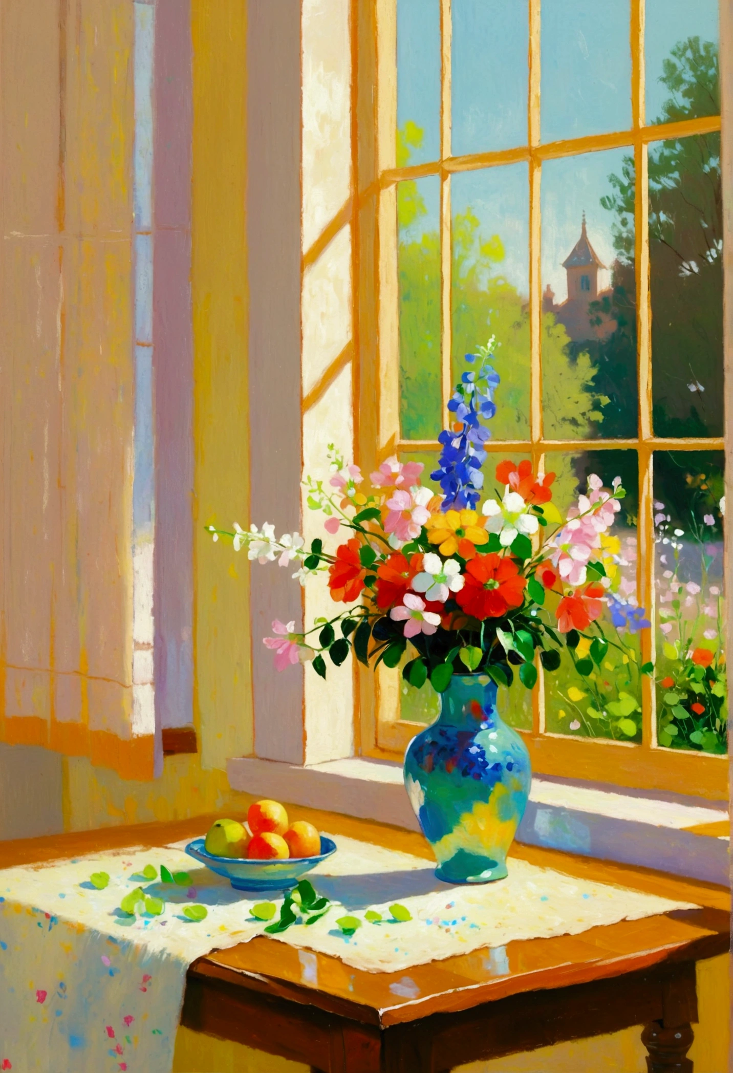 painting of a vase of flowers on a table Next to the window, Oil painting style, summer morning light, Next to the window, Pastel style painting, Impressionism风格, Summer Afternoon, Afternoon Sunshine, Room Painting, Afternoon Sunshine, Next to the window, Meticulous painting, romantic painting, heating, Canvas painting, Impressionism, Window sill vignette