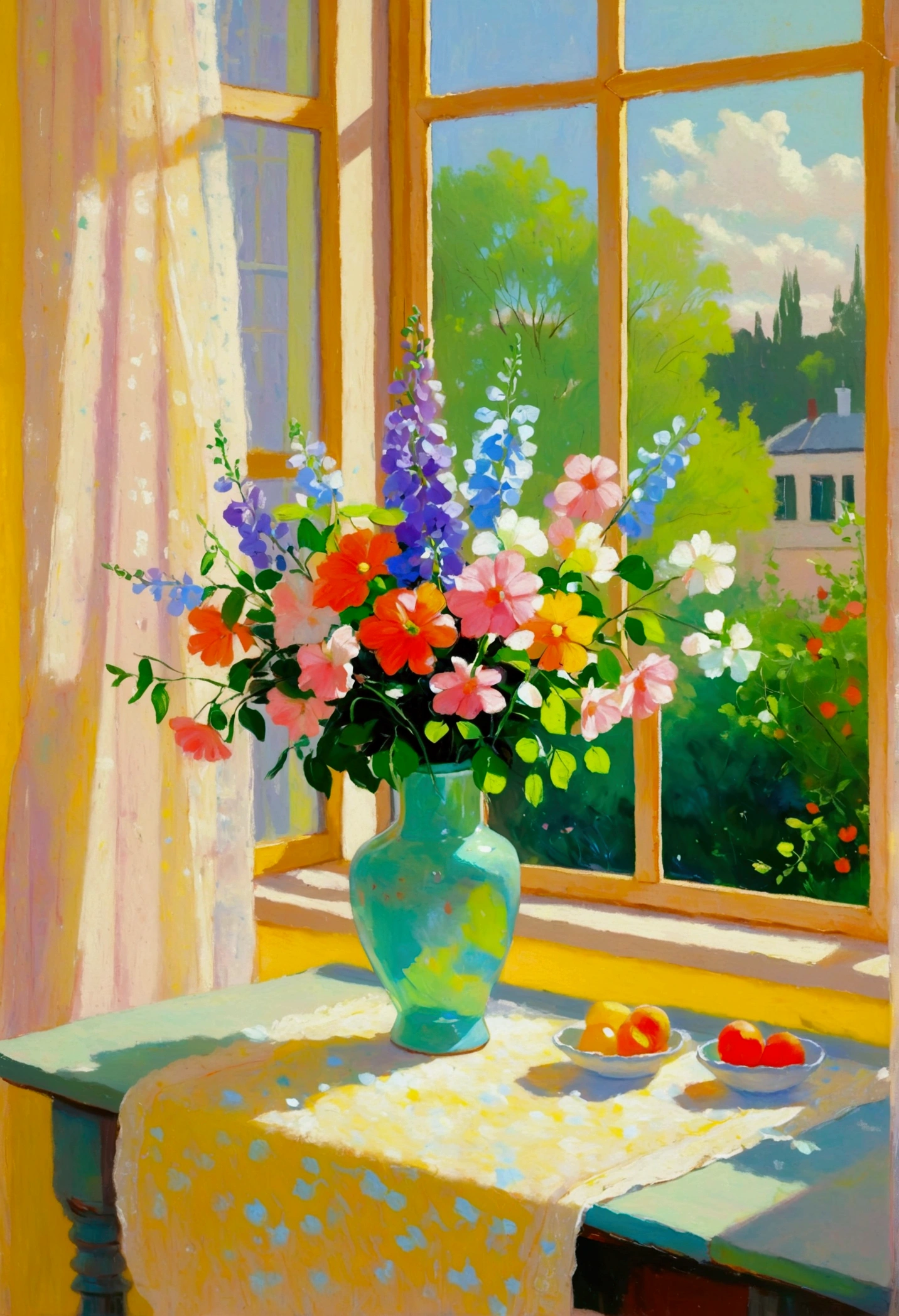 painting of a vase of flowers on a table Next to the window, Oil painting style, summer morning light, Next to the window, Pastel style painting, Impressionism风格, Summer Afternoon, Afternoon Sunshine, Room Painting, Afternoon Sunshine, Next to the window, Meticulous painting, romantic painting, heating, Canvas painting, Impressionism, Window sill vignette