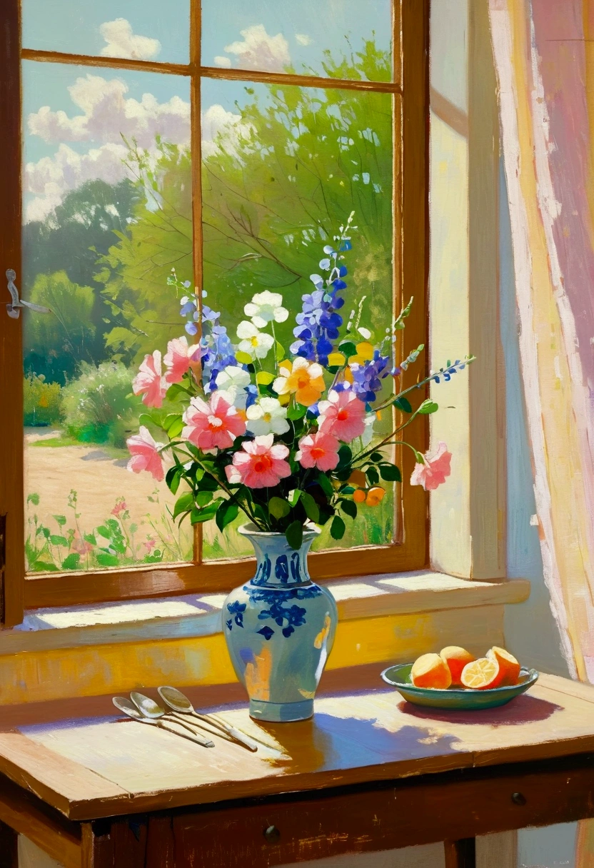 painting of a vase of flowers on a table Next to the window, Oil painting style, summer morning light, Next to the window, Pastel style painting, Impressionism风格, Summer Afternoon, Afternoon Sunshine, Room Painting, Afternoon Sunshine, Next to the window, Meticulous painting, romantic painting, heating, Canvas painting, Impressionism, Window sill vignette
