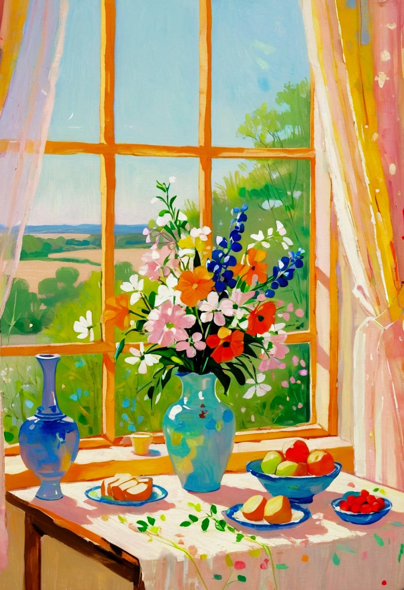 painting of a vase of flowers on a table Next to the window, Alice Lahon (Alice Rahon) 的Impressionism绘画, Unsplash, Impressionism, Oil painting style, summer morning light, Next to the window, Pastel style painting, Impressionism风格, Summer Afternoon, Afternoon Sunshine, Room Painting, Afternoon Sunshine, Next to the window, Meticulous painting, romantic, heating
