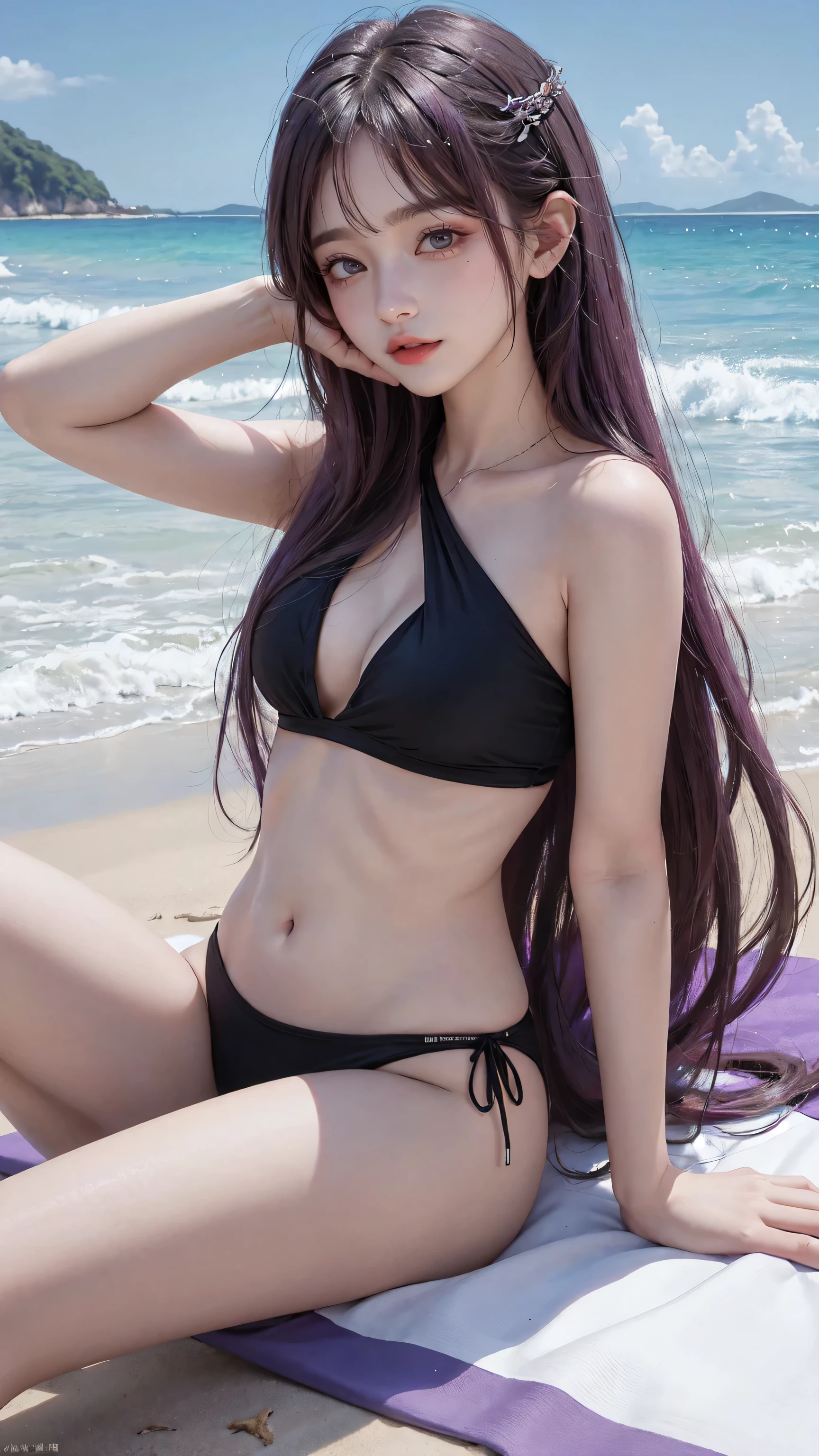 masterpiece, best quality, 1  girl, beach, sitting on a beach towel, Purple hair, Long hair, Bare shoulders，Exposed belly button，he&#39;clavicle, armpit, (external), Smile,Thong, blush, buzzer, Beautiful breasts、Huge breasts:1.4，Full breasts，10 years old