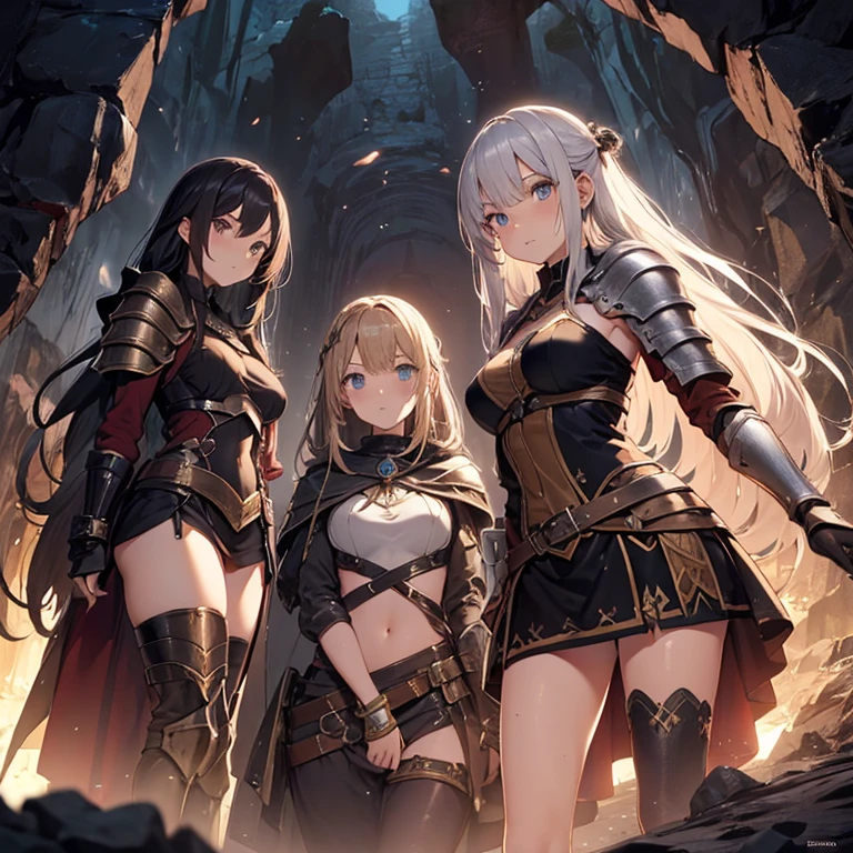 A group of female medieval fantasy adventurers, (in cave), various hair styles, harem, dark, details face, short skirt, seducing, sleeveless, armor