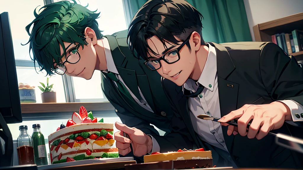 Male student, sweets, Glasses, Dark green short hair, uniform, cake, colored inner hair, smile, シャツ, Surrealism, cinematic lighting, UHD, high details, highres, best quality