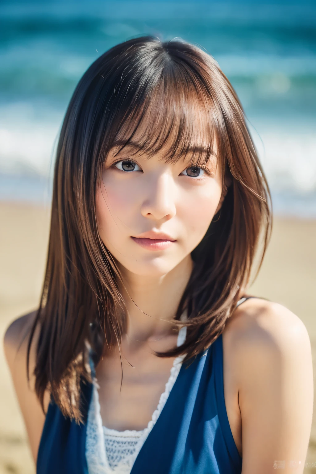8k, highest quality, masterpiece, super high resolution, (realistic:1.4), RAW Photos, (Film Grain:1.3), One Girl, portrait of a skinny Japanese woman, 30 years old, standing on the beach, a cute face, detailed face, detailed eyes, {short|long} hair, correct body anatomy, photogravure