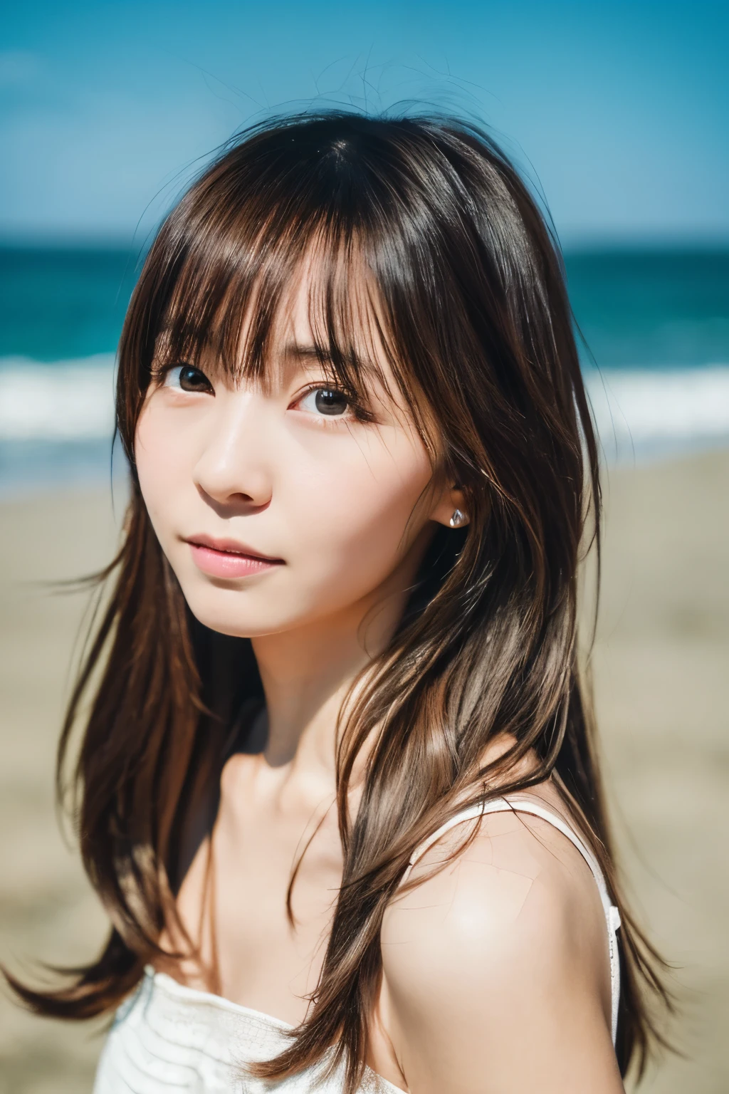 8k, highest quality, masterpiece, super high resolution, (realistic:1.4), RAW Photos, (Film Grain:1.3), One Girl, portrait of a skinny Japanese woman, 30 years old, standing on the beach, a cute face, detailed face, detailed eyes, {short|long} hair, correct body anatomy, photogravure