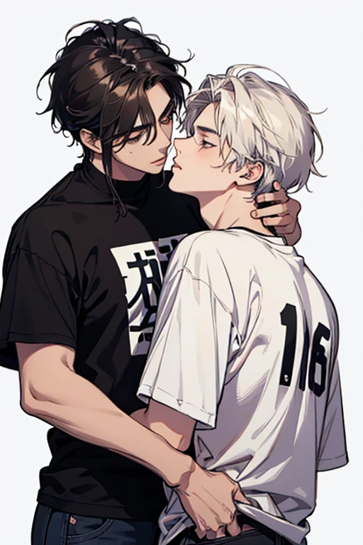 2 Young Men, 16〜20yr old, detailed hairs, 4K, High resolution, Handsome, t-shirts, medium length hair, from below, model posing, cowboy shot, white background, kiss ones cheek, cheek to cheek