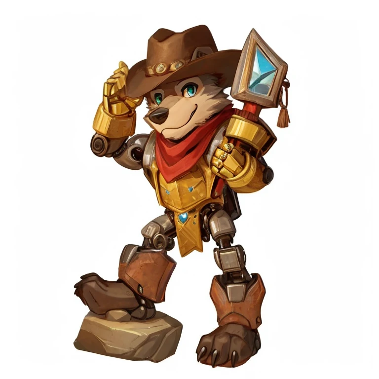 Robot Male muscular anthro wolf, standing, one feet standing on a stone, right hand holding a picaxe, left hand holding a cowboy hat on his head, wearing red scarf on the neck