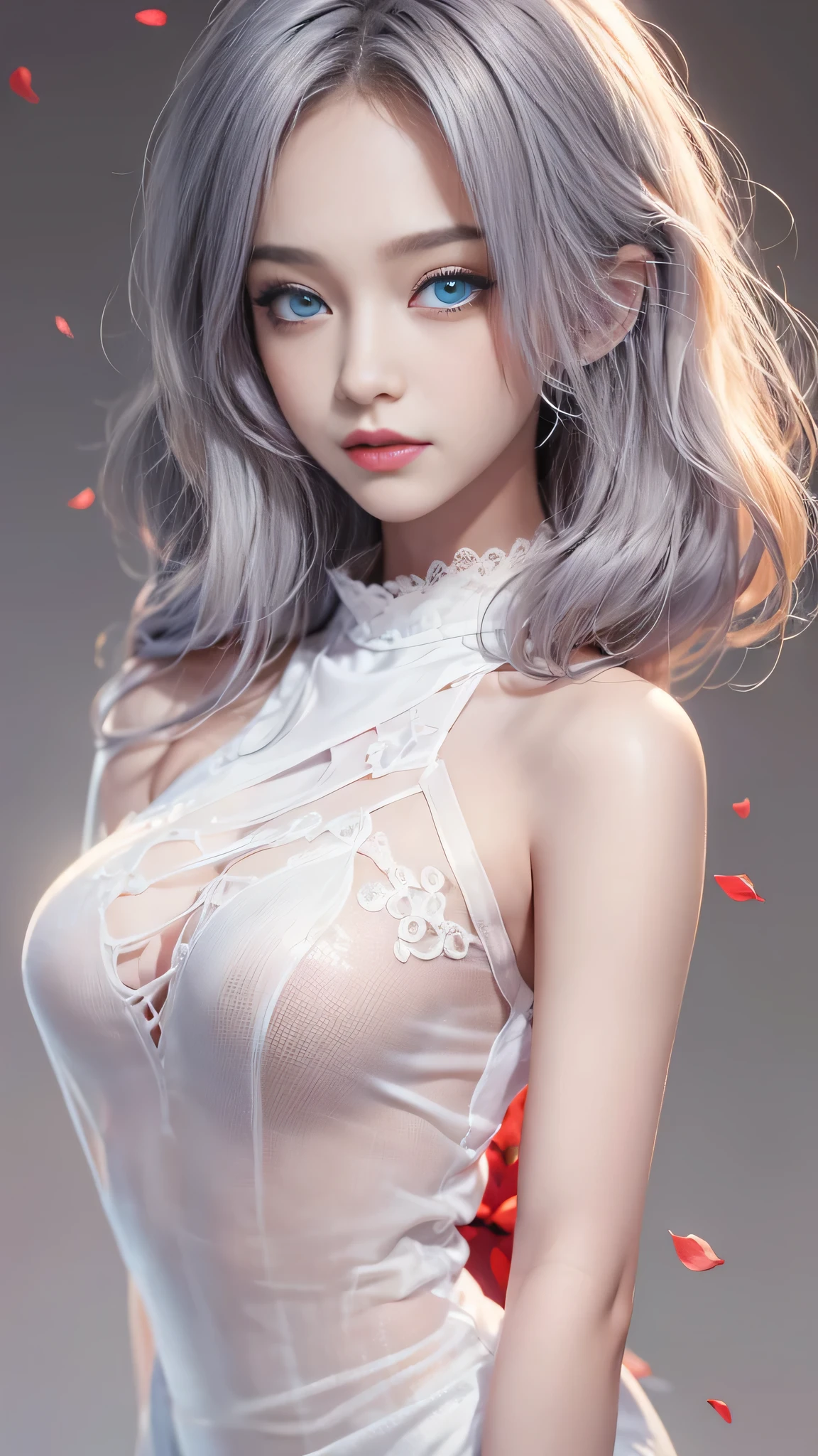 (Girl in a semi-transparent one-shoulder white miniskirt dress), (フォトRealistic:1.4), (ハイパーRealistic:1.4), (Realistic:1.3), (Smooth lighting:1.05), (Cinematic Lighting Quality Improvements:0.9),. 32K, 1 Girl,20 year old girl, Realistic lighting, Backlight, Face light, Ray tracing, (Brightening light:1. 2), (Image quality improvement:1.4), (Highest quality realistic textured skin:1. 4),(Big Blue Eyes), Detailed drawn eyes、Detailed painted face、Fine textured eyes、(tired、sleepy、satisfaction:0.0)、A shirt that shows off a lot of cleavage、(Accentuates the body line:1.1)、(Beautiful textured skin:1.1)、(Red petals are flying)、（Black lace panties are visible)、Slim long legs、