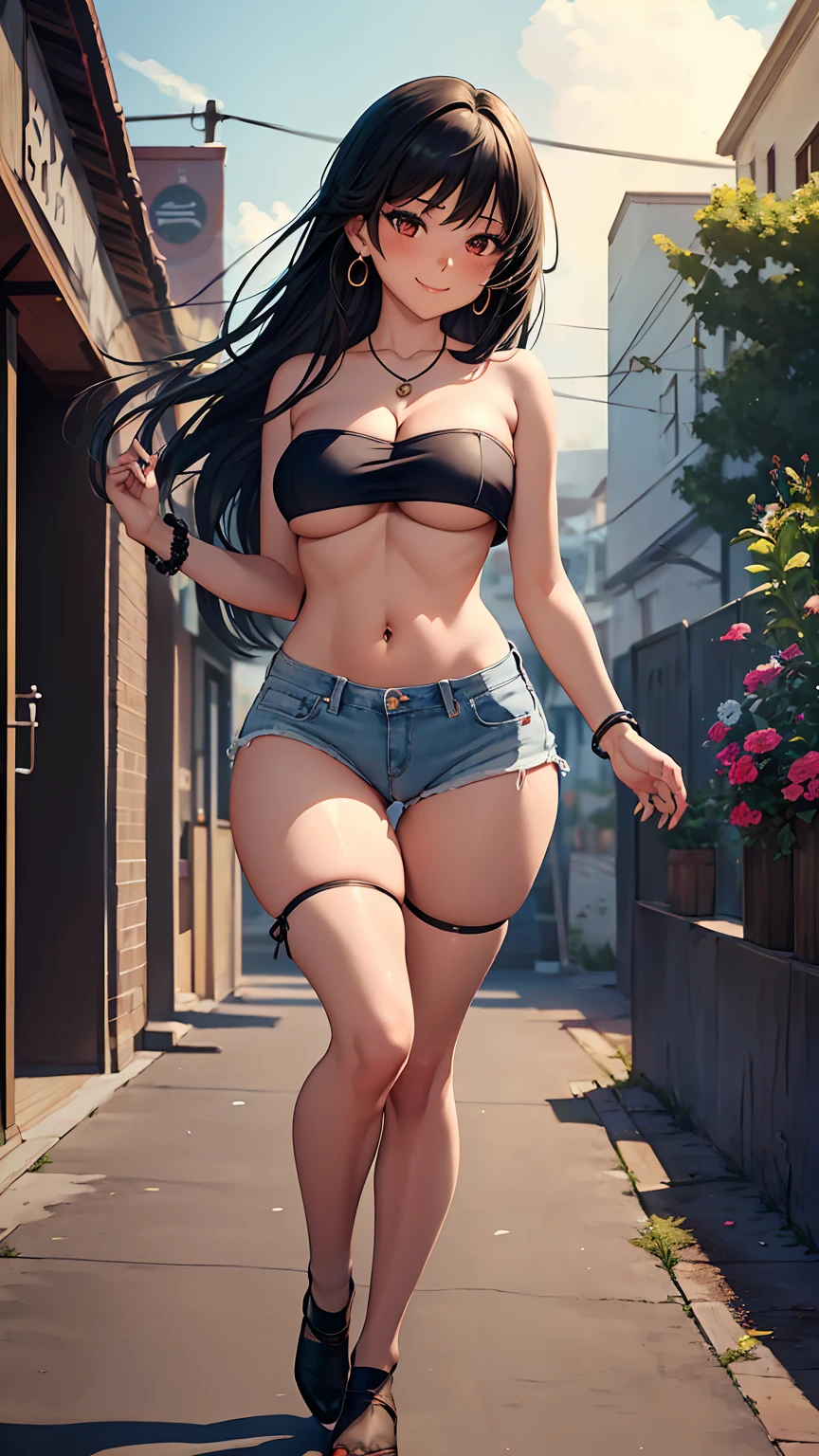 1girl, anime girl, anime, (dark skin), bracelet, necklace, earrings, 2d girl, 18y, (fullbody), anime girl, seductive smile, (black hair), flowing hair, hair flowing in the wind, ((tube top,strapless)), ((underboob view)), cleavage, Solo, Slim, Big Breasts, Tight Shorts, low waist shorts, upshorts, outdoors, night background, flowers, looking at viewer, darker shadows, (((explicit))), (((short,shorts))), (((absurdres))), (((thigh gap))), (((NSFW))), (((cameltoe))), (((lowleg shorts))), (((sexy))), (((sensual))), (((cameltoe,Detailed description vagina))), (((Tube Top))), (((Strapless)))