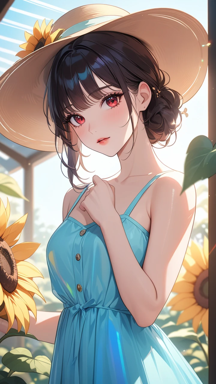 masterpiece, best quality:1.3, 1girl, sun dress, sun hat, sun flower garden, detailed face, red eyes, beautiful detailed lips, long eyelashes, delicate facial features, expressive face, detailed skin texture, natural lighting, vibrant colors, cinematic lighting, soft focus, prismatic, holographic,chromati caberration,