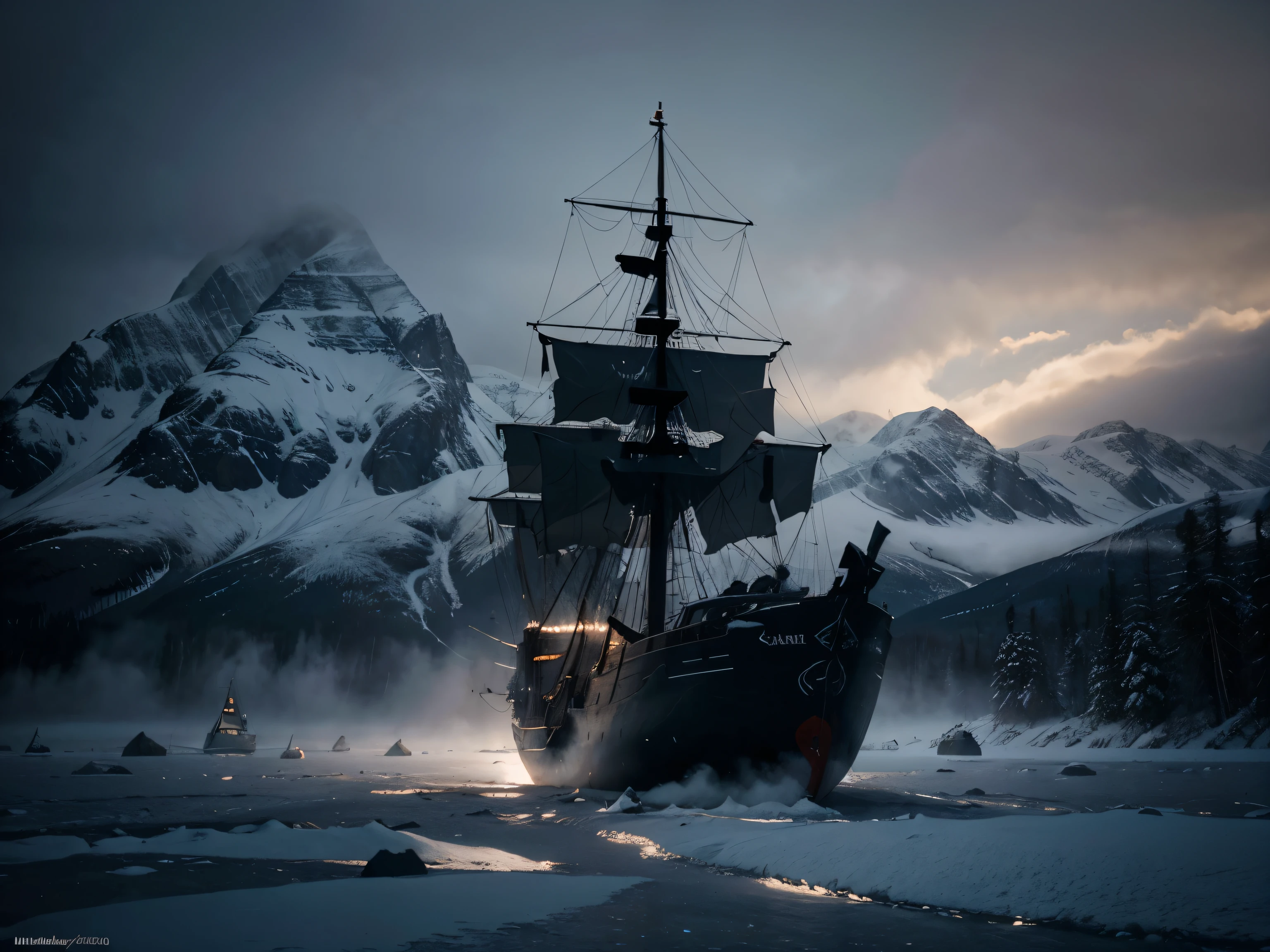 Render a ghostly ship sailing through thick fog, with its eerie silhouette and tattered sails hauntingly visible, surrounded by the mountains full of snow-covered trees in the arctic mountains, 8k, full vivid color, hyperdetailed