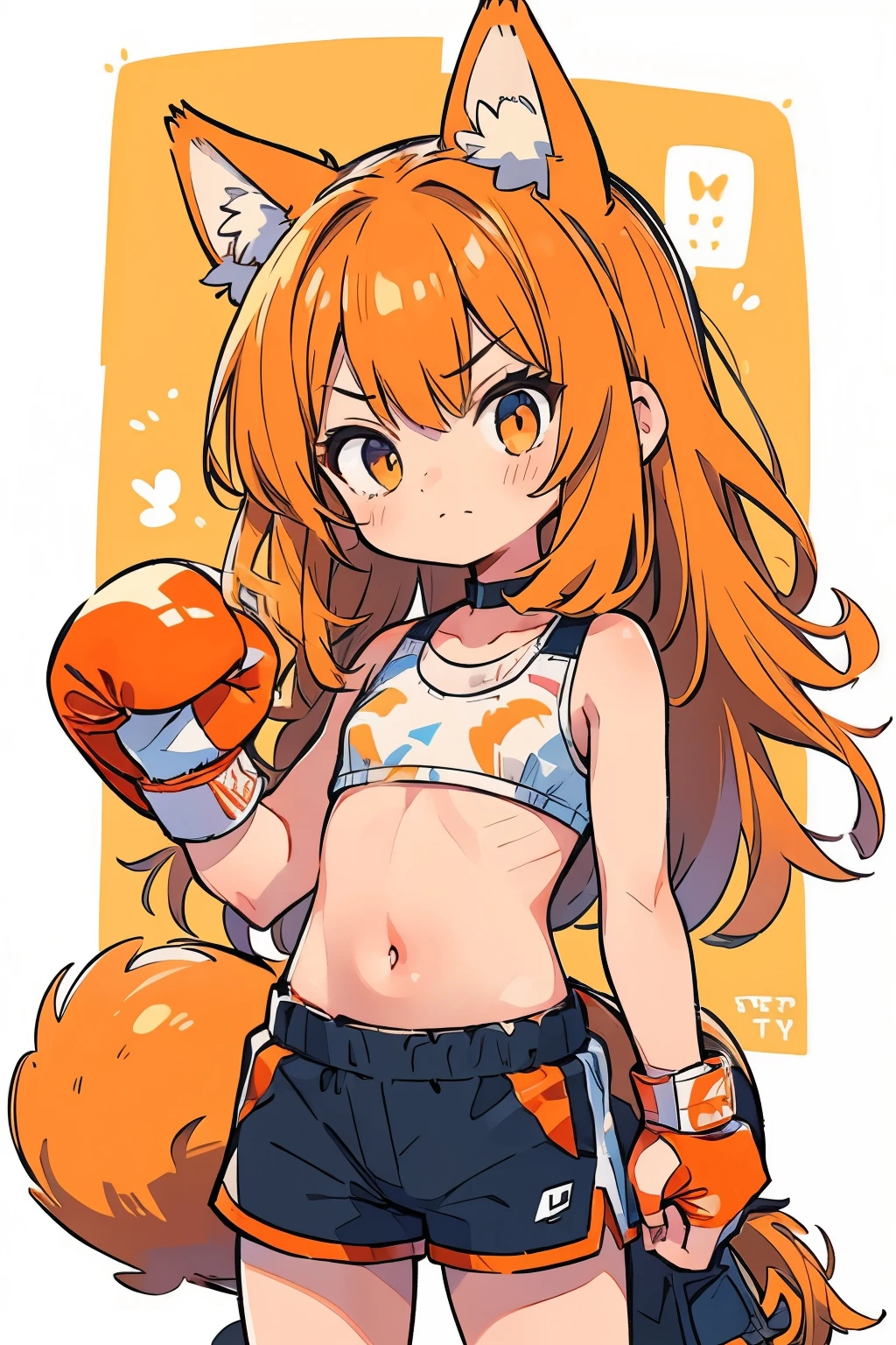 (boxing:1.3)、Teenage Girls、Young、child、belly button、stomach、cool、Shorts、Serious expression、strong、(Closed Mouth:1.1)、Orange Hair、Animal Ears、Tail of the beast