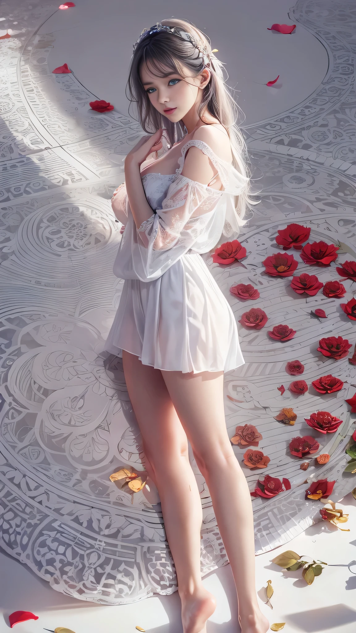 (Girl in a semi-transparent one-shoulder white miniskirt dress), (フォトRealistic:1.4), (ハイパーRealistic:1.4), (Realistic:1.3), (Smooth lighting:1.05), (Cinematic Lighting Quality Improvements:0.9),. 32K, 1 Girl,20 year old girl, Realistic lighting, Backlight, Face light, Ray tracing, (Brightening light:1. 2), (Image quality improvement:1.4), (Highest quality realistic textured skin:1. 4),(Big Blue Eyes), Detailed drawn eyes、Detailed painted face、Fine textured eyes、(tired、sleepy、satisfaction:0.0)、A shirt that shows off a lot of cleavage、(Accentuates the body line:1.1)、(Beautiful textured skin:1.1)、(Red petals are flying)、（Black lace panties are visible)、Slim long legs、