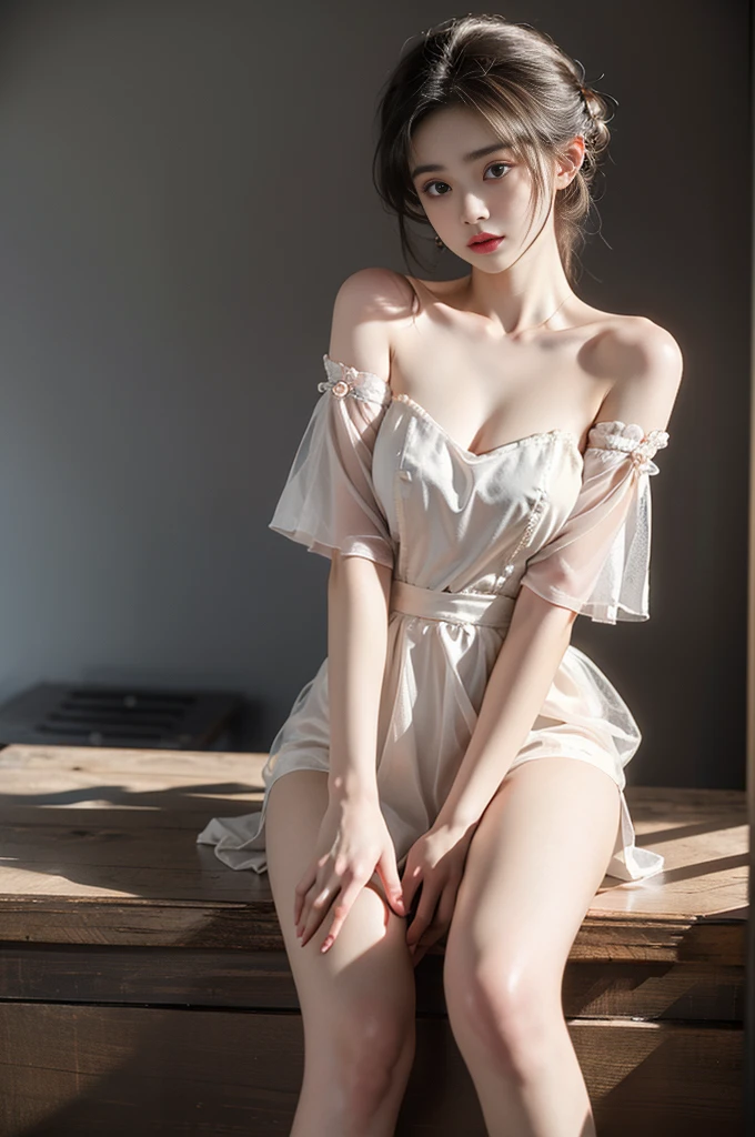 see-through,bare shoulders ((1 girl, Elegant posture)), Natural leg proportions, Visible cleavage, masterpiece, (best quality, 4K, 8K, high resolution, masterpiece:1.2), Extremely detailed, (Practical, photoPractical, photo-Practical:1.37), Official Art, CG, Anatomically correct, Random Scenes, Random shooting angle, Movie, photography, Intricate background, Soft lighting, Subtle shadows, Vibrant colors, Expressive eyes, Beautiful, high class boutique, Ambience, A moment of honesty, Natural expression, Detailed texture, Fine details, Refined and elegant, Exquisite style, Artistic Composition, Beautifully presented.