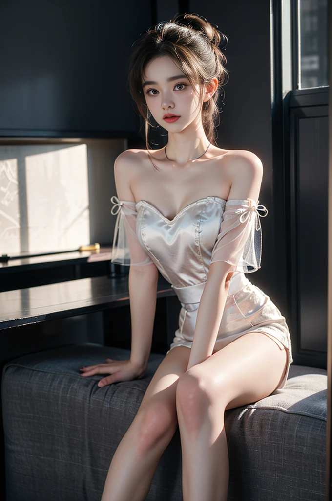 see-through,bare shoulders ((1 girl, Elegant posture)), Natural leg proportions, Visible cleavage, masterpiece, (best quality, 4K, 8K, high resolution, masterpiece:1.2), Extremely detailed, (Practical, photoPractical, photo-Practical:1.37), Official Art, CG, Anatomically correct, Random Scenes, Random shooting angle, Movie, photography, Intricate background, Soft lighting, Subtle shadows, Vibrant colors, Expressive eyes, Beautiful, high class boutique, Ambience, A moment of honesty, Natural expression, Detailed texture, Fine details, Refined and elegant, Exquisite style, Artistic Composition, Beautifully presented.