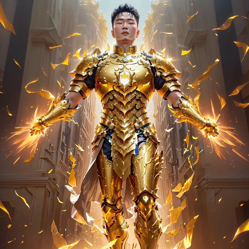 arafed image of a man in a Gold Armor standing in front of a building, angelic Gold Armor, Gold Paladin, Ross Tran 和 Bayard Wu, Firecaller Armor, Gold Armor, paladin Gold Armor, Gold Armor, Gold Armor wearing, wearing Gold Armor, Inspired by Li Gonglin, Gold Armor Set, wearing Gold Armor
