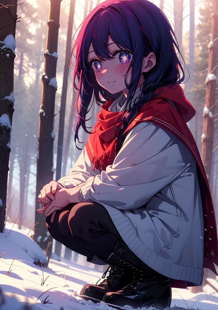 aihoshino, Ai Hoshino, Long Hair, bangs, (Purple eyes:1.1), Purple Hair, (Symbol-shaped pupil:1.5), smile,,smile,blush,white breath,
Open your mouth,snow,Ground bonfire, Outdoor, boots, snowing, From the side, wood, suitcase, Cape, Blurred, , forest, White handbag, nature,  Squat, Mouth closed, Cape, winter, Written boundary depth, Black shoes, red Cape break looking at viewer, Upper Body, whole body, break Outdoor, forest, nature, break (masterpiece:1.2), Highest quality, High resolution, unity 8k wallpaper, (shape:0.8), (Beautiful and beautiful eyes:1.6), Highly detailed face, Perfect lighting, Highly detailed CG, (Perfect hands, Perfect Anatomy),